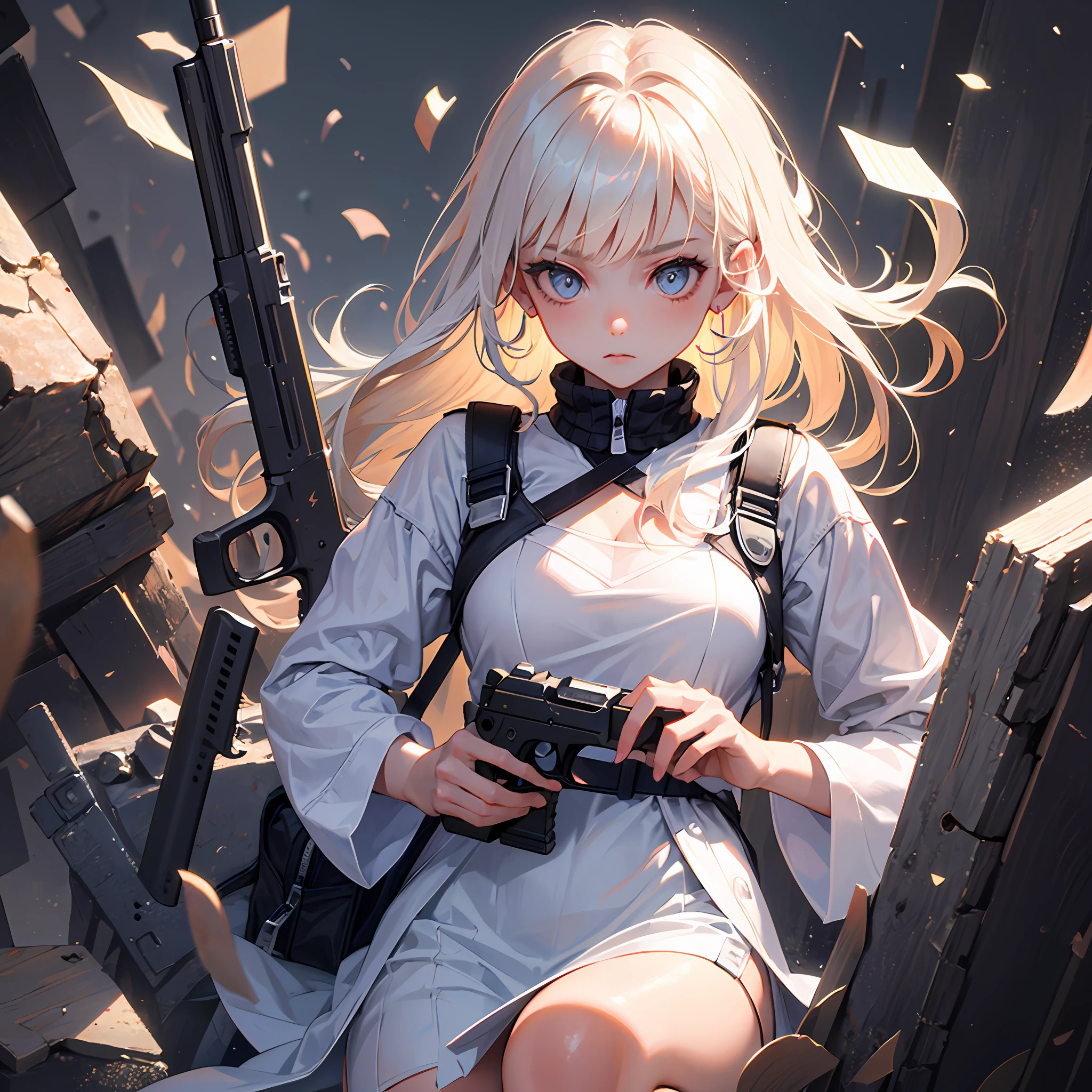 (1girl:1.3), holding a gun, pistol, glock17, Hold the Glock17 diagonally in front of the chest, Hold the barrel with your left hand, The fingers of the right hand are on the trigger, Center Axis Relock System