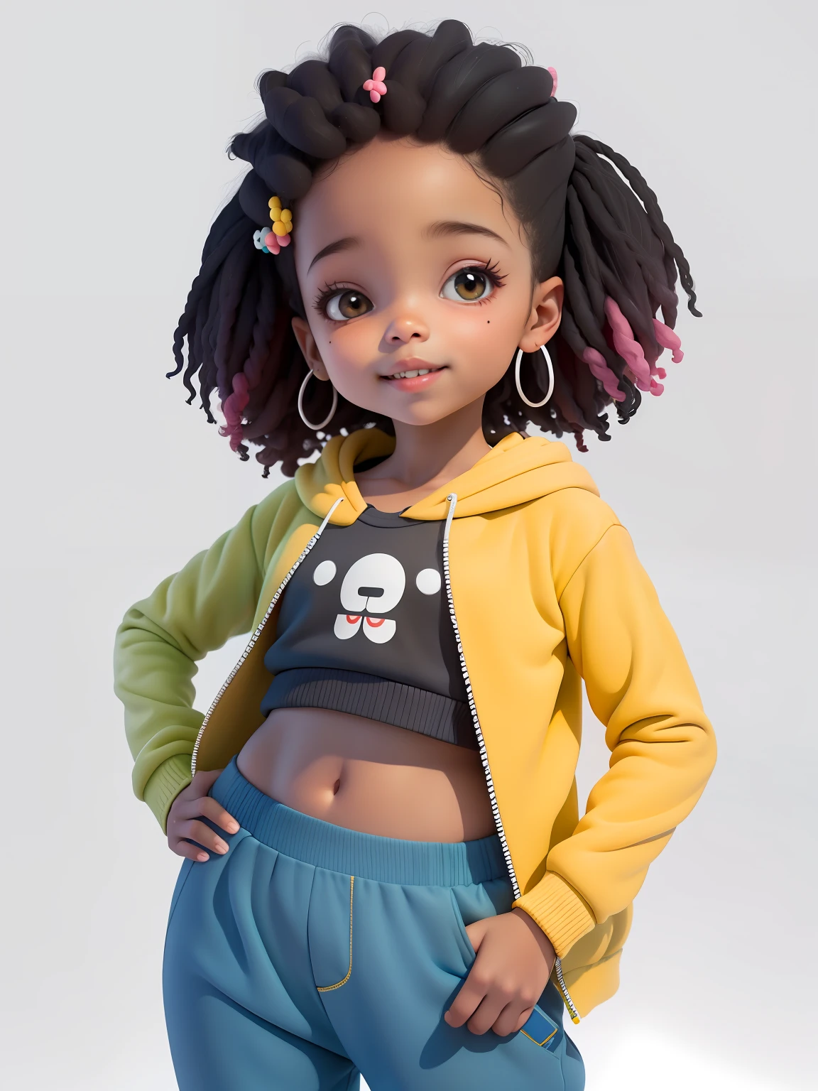 (obra-prima), (melhor qualidade), (ultra-detalhado), (corpo inteiro: 1.2) menina negra bonita e fofa, tema frutas, capuz, moletom colorido, Knitted jumpsuits, Pants, jaqueta, blusa, sorriso claro, corpo inteiro, :3, fundo tom pastel , colorido e simples.