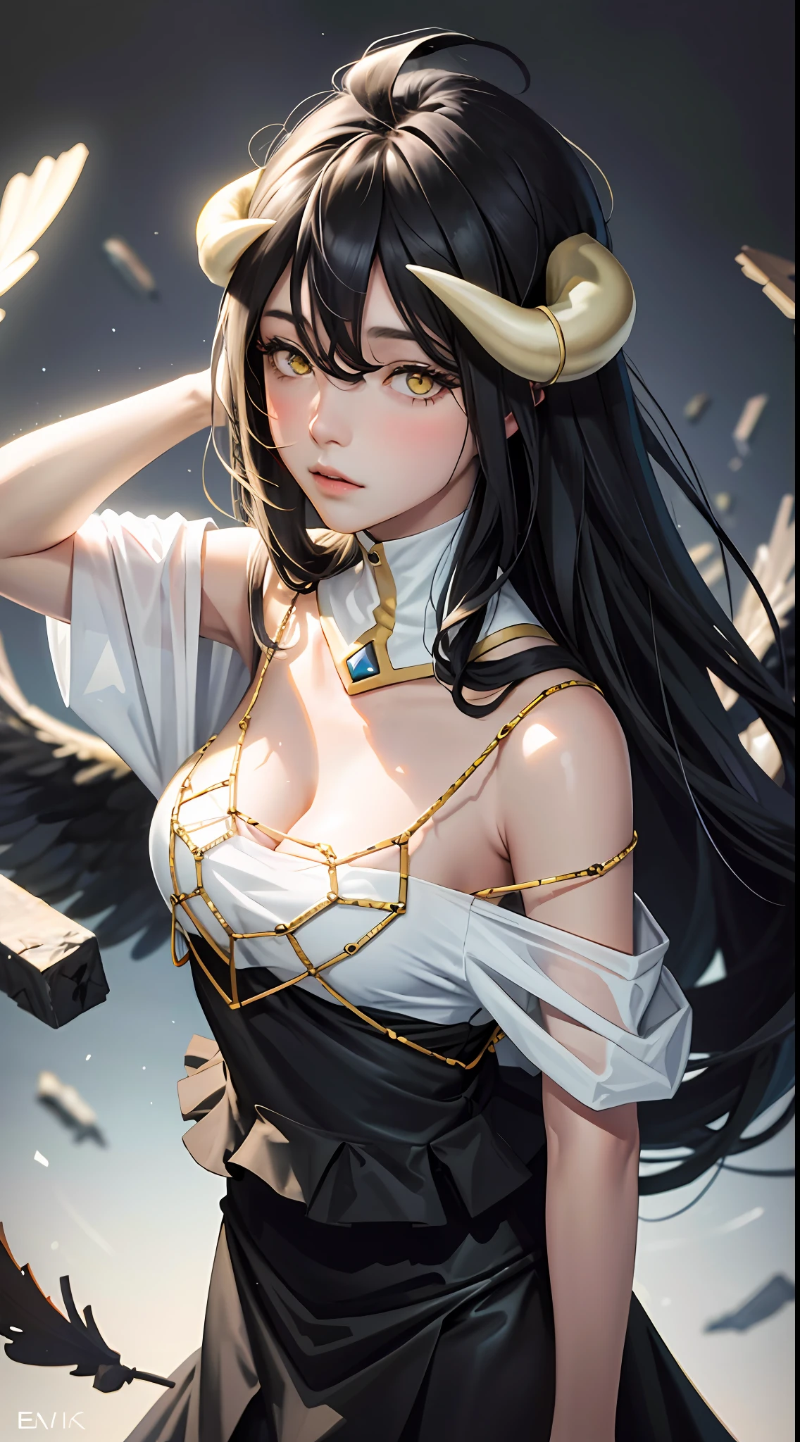 Masterpiece, Best quality, Ultra-detailed, illustration, epic lighting, Cinematic composition, isometry,(hexagons:1.2), 1girll, Horns, Solo, Yellow eyes, Black hair, Long hair, (Low wing:1.2), Large cleavage, Bare shoulders, hair between eye, Medium breasts, (White dress:1.1), Golden decoration, Detached collar, view the viewer, Semi-closed Eyes, (view the viewer:1.1), parted lip, Blush, Black feathers fall, Arena, particle fx, (8K:1.1)