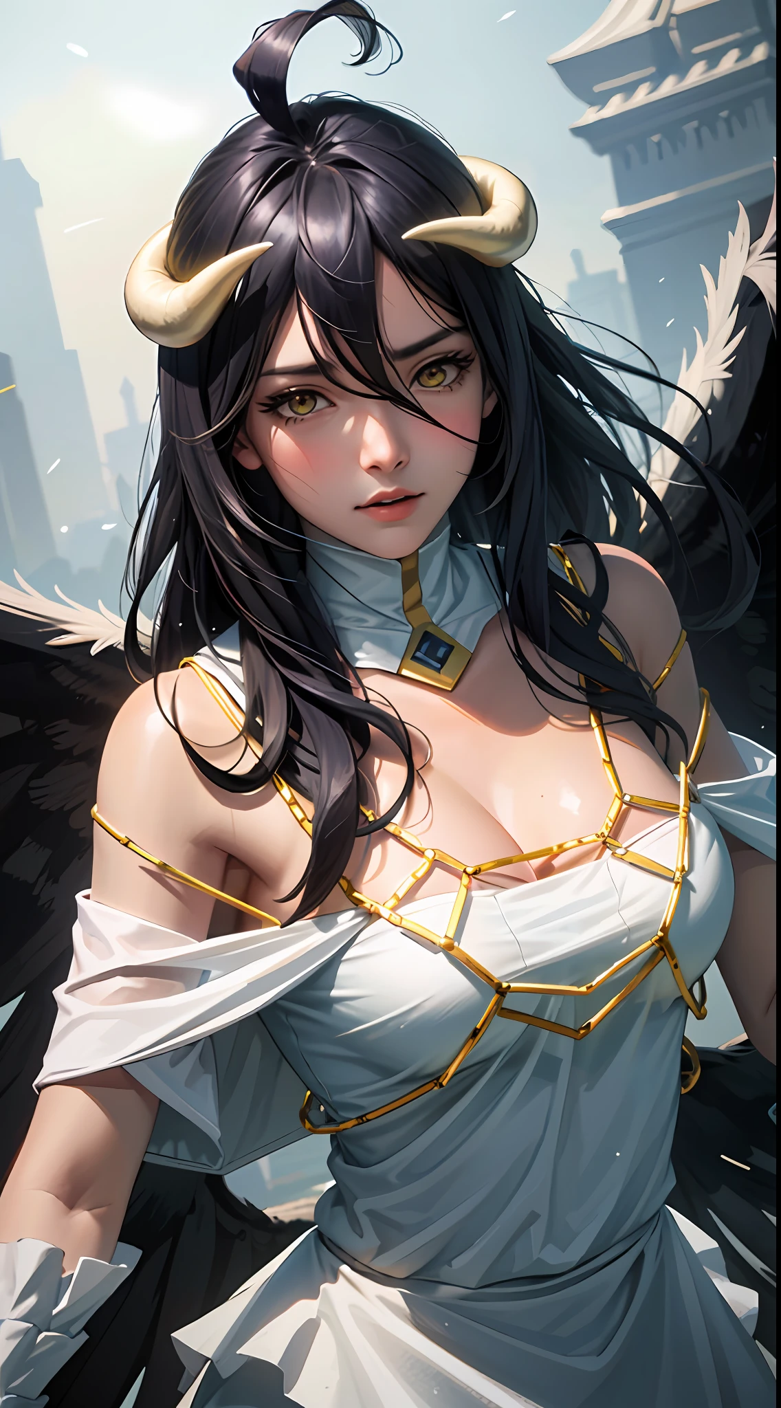 Masterpiece, Best quality, Ultra-detailed, illustration, epic lighting, Cinematic composition, isometry,(hexagons:1.2), 1girll, Horns, Solo, Yellow eyes, Black hair, Long hair, (Low wing:1.2), Large cleavage, Bare shoulders, hair between eye, Medium breasts, (White dress:1.1), Golden decoration, Detached collar, view the viewer, Semi-closed Eyes, (view the viewer:1.1), parted lip, Blush, Black feathers fall, Arena, particle fx, (8K:1.1)