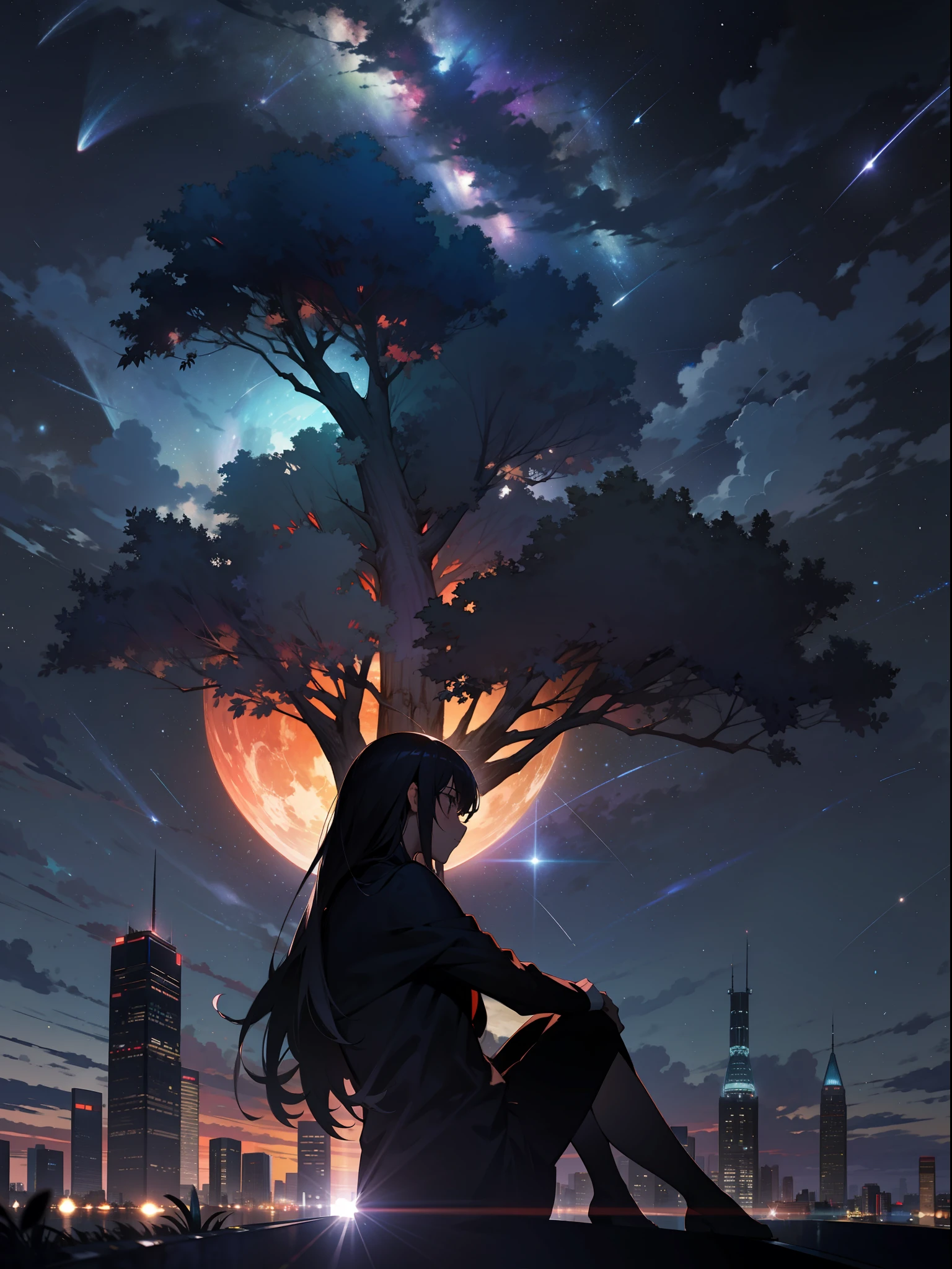 sky, star (sky), scenery, starry sky, night, 1girl, night sky, solo, outdoors, building, cloud, milky way, sitting, tree, long hair, city, silhouette, cityscape