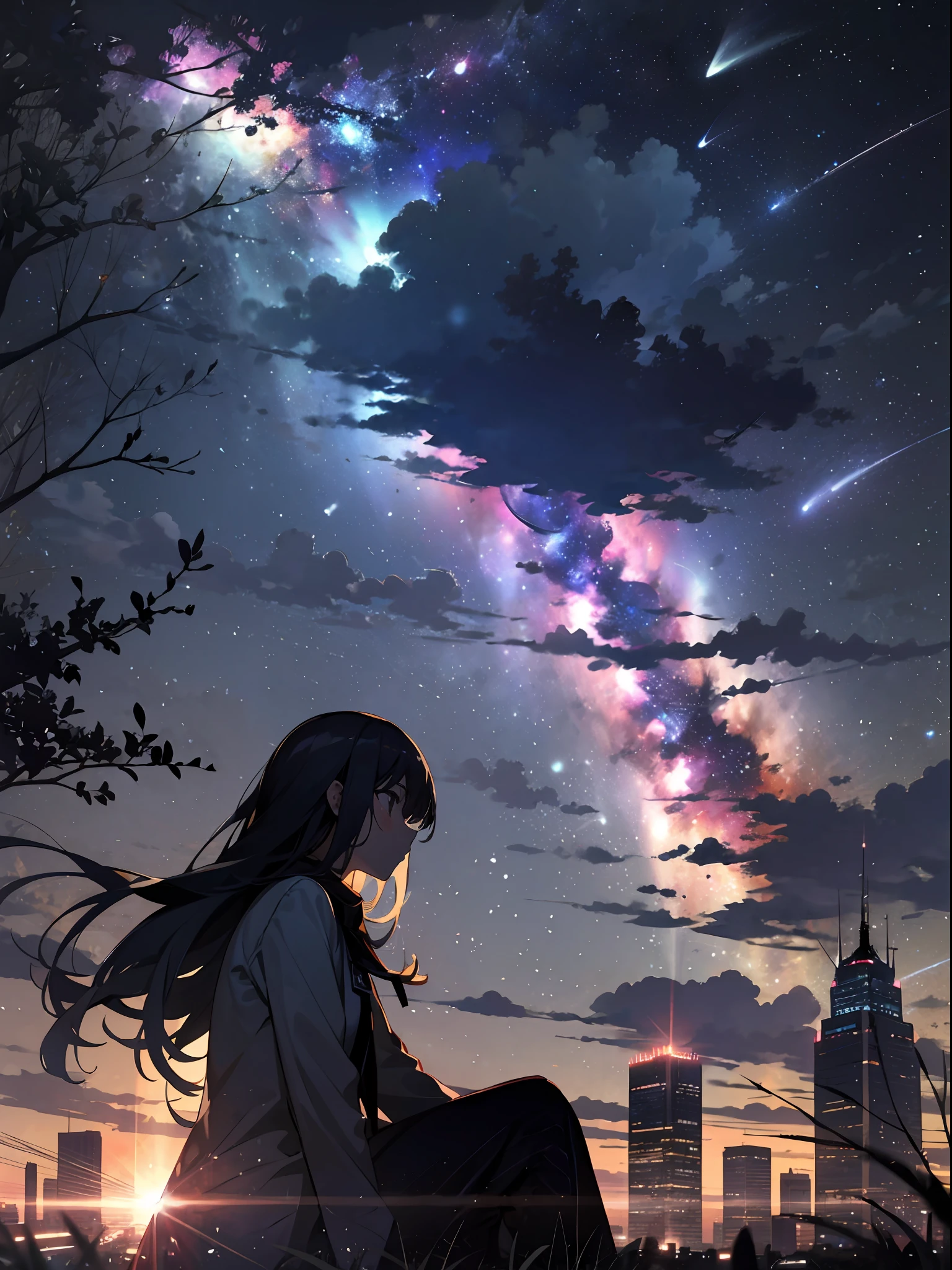 sky, star (sky), scenery, starry sky, night, 1girl, night sky, solo, outdoors, building, cloud, milky way, sitting, tree, long hair, city, silhouette, cityscape