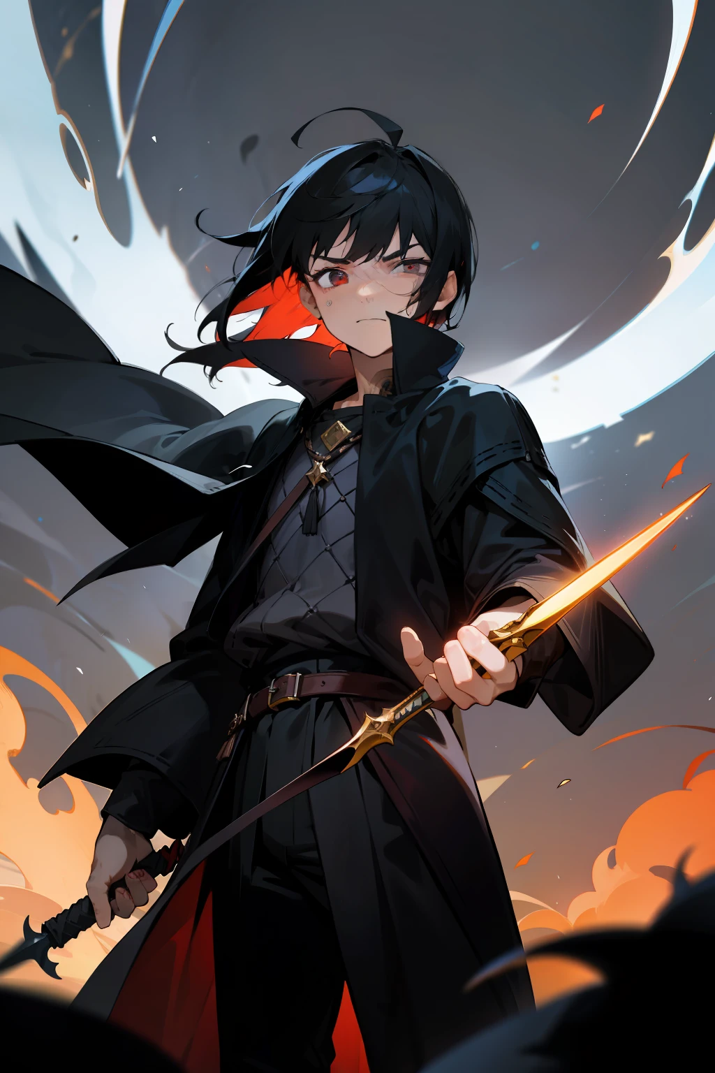 Men around ,with short black hair,There are bangs on the forehead,Bangs cover the left eye,Only the dark red right eye is revealed,The expression is indifferent,In his left hand, He held a black dagger,The blade of the dagger burned with deep purple flames,Dressed in medieval pauper costumes,Determined gaze,Be in the arena
