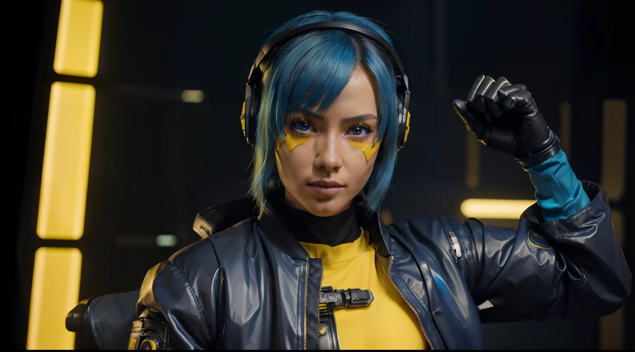 8k, ARTISTIC photography, best quality, masterpiece: 1.2), (realistic, photorealistic: 1.37) (medium close up) Movie still from BLADE RUNNER movie (directed by ridley scott), cyber punk Goddess (((Olivia Ponton))) wearing a Virtual reality headset , oculus rift), ((Blue hair)) , cyborg arm, (mechanical parts:1. 5), beautiful body, toned body, (muscles:1.3) (( dressed as futuristic samurai jacket, Gortex bomber jacket, ǍCROŇYM)). (((yellow clothes))), , 40k, photography, masterpiece, best quality, highly detailed cyberpunk hacker room background, sexy leather pants 1.3), (yellow shirt: 1.3),