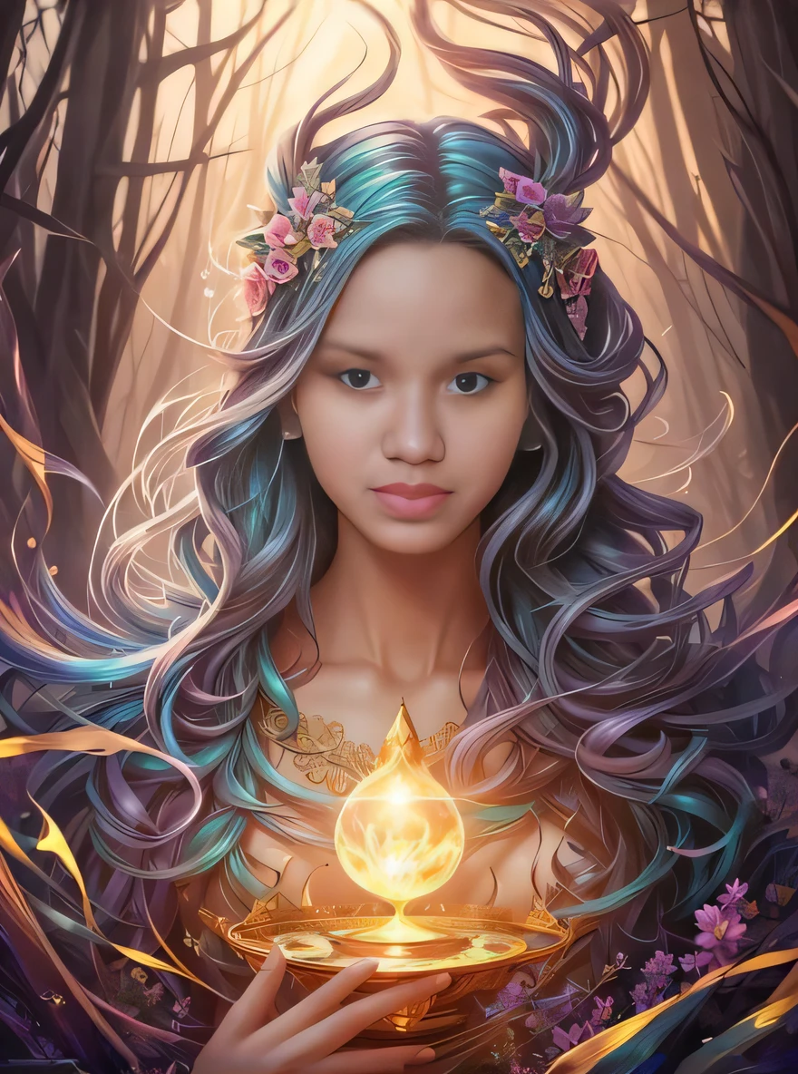 a woman with long hair holding a shiny ball in her hands, retrato bonito da arte da fantasia, retrato de fantasia fosco detalhado, retrato bonito da fantasia, Fae Sacerdotisa, retrato da arte da fantasia, arte do retrato da fantasia, bela arte de fantasia, estilo de arte de fantasia, arte digital de fantasia detalhada, arte de fantasia detalhada, artgerm detalhado, arte estilo fantasia, retrato da fantasia