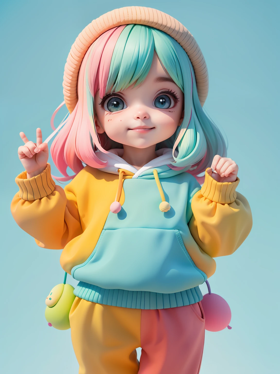 (obra-prima), (melhor qualidade), (ultra-detalhado), (corpo inteiro: 1.2) baby menina bonita e fofa, tema frutas, capuz, moletom colorido, Knitted jumpsuits, Pants, jaqueta, blusa, sorriso claro, corpo inteiro, :3, fundo tom pastel , colorido e simples.