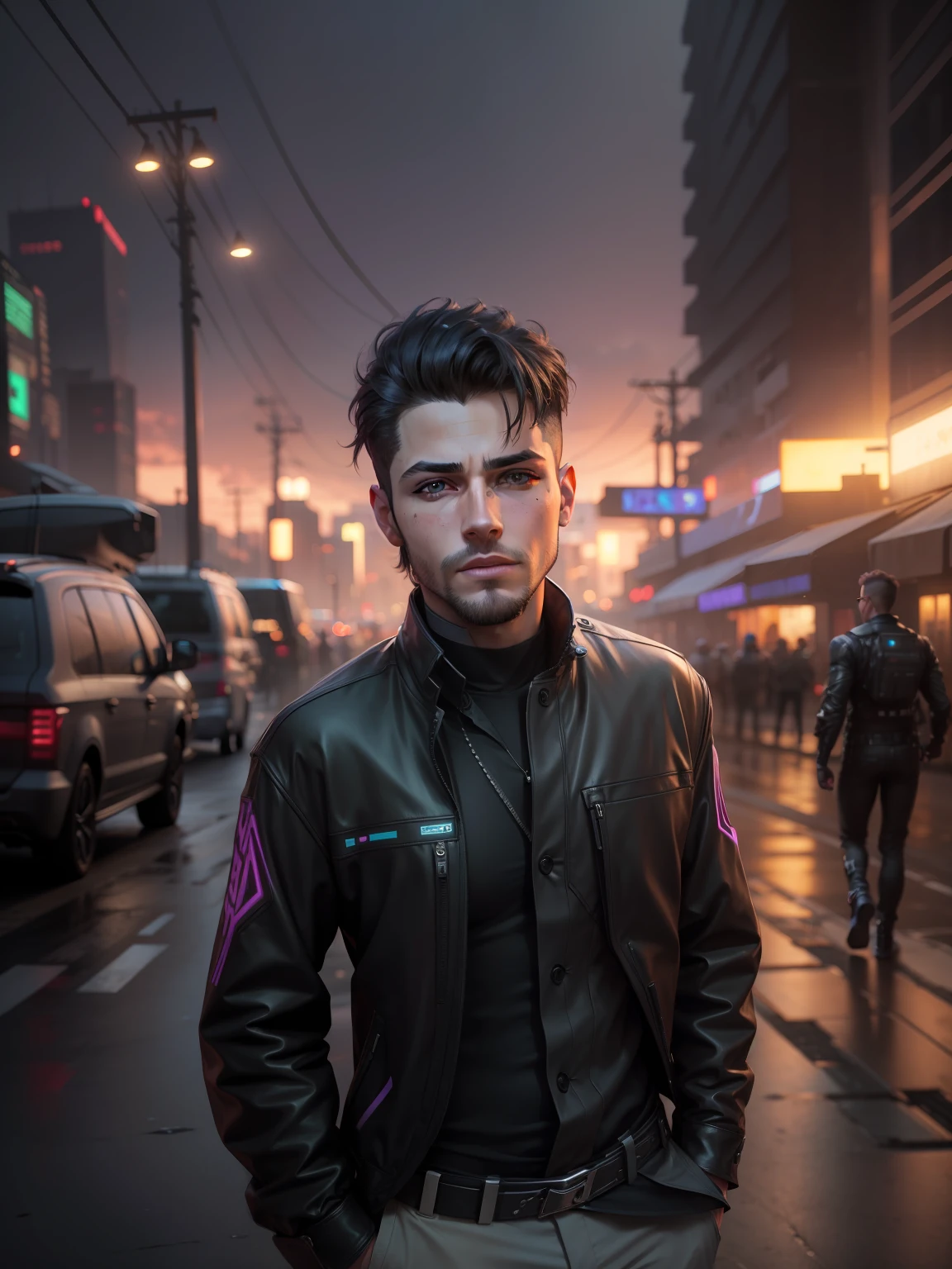 Change background cyberpunk handsome boy. Realistic face, 8k, ultra realistic,