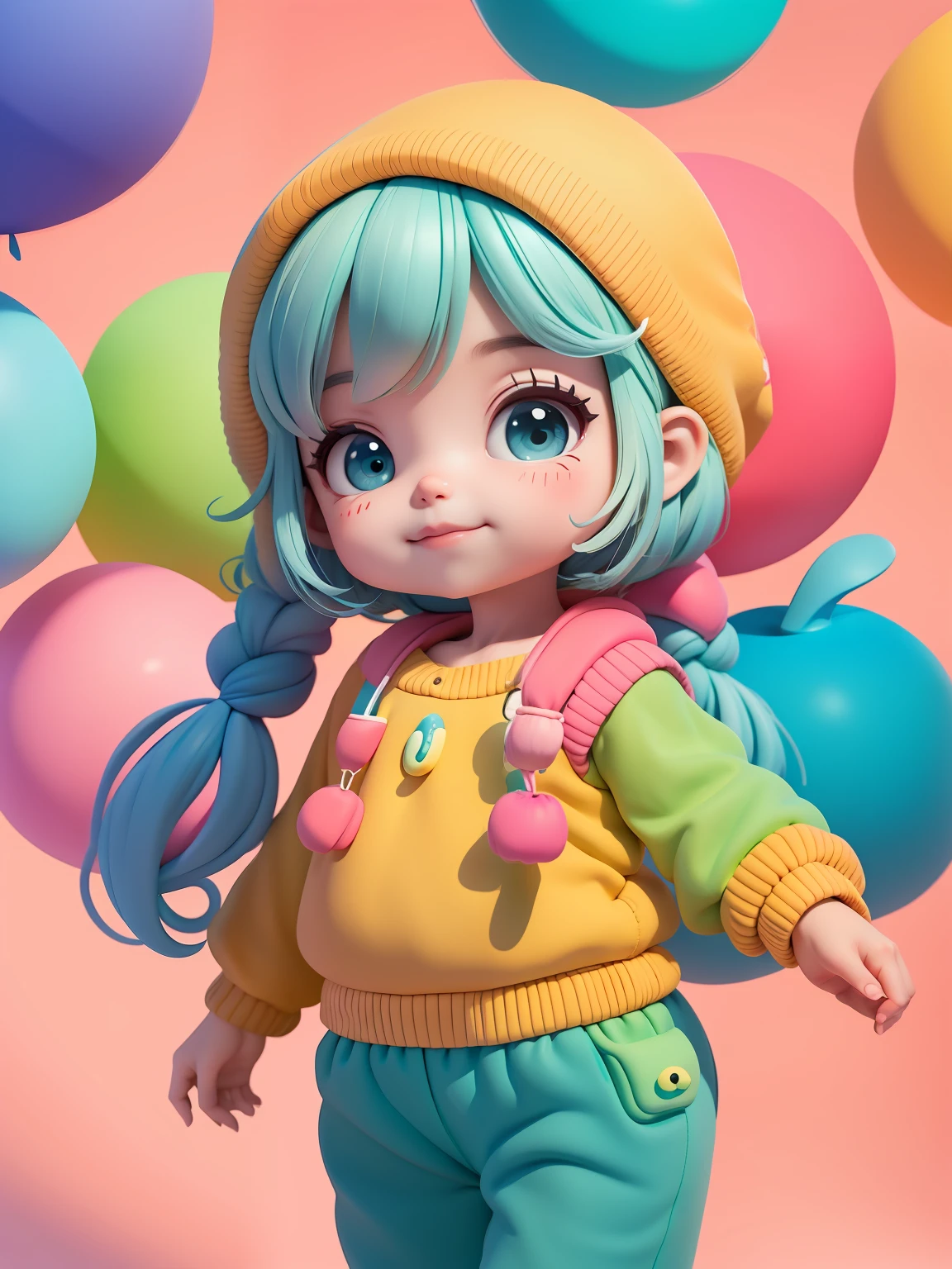 (obra-prima), (melhor qualidade), (ultra-detalhado), (corpo inteiro: 1.2) menina bonita e fofa, tema frutas, capuz, moletom colorido, Knitted jumpsuits, Pants, jaqueta, blusa, sorriso claro, corpo inteiro, :3, fundo tom pastel , colorido e simples.