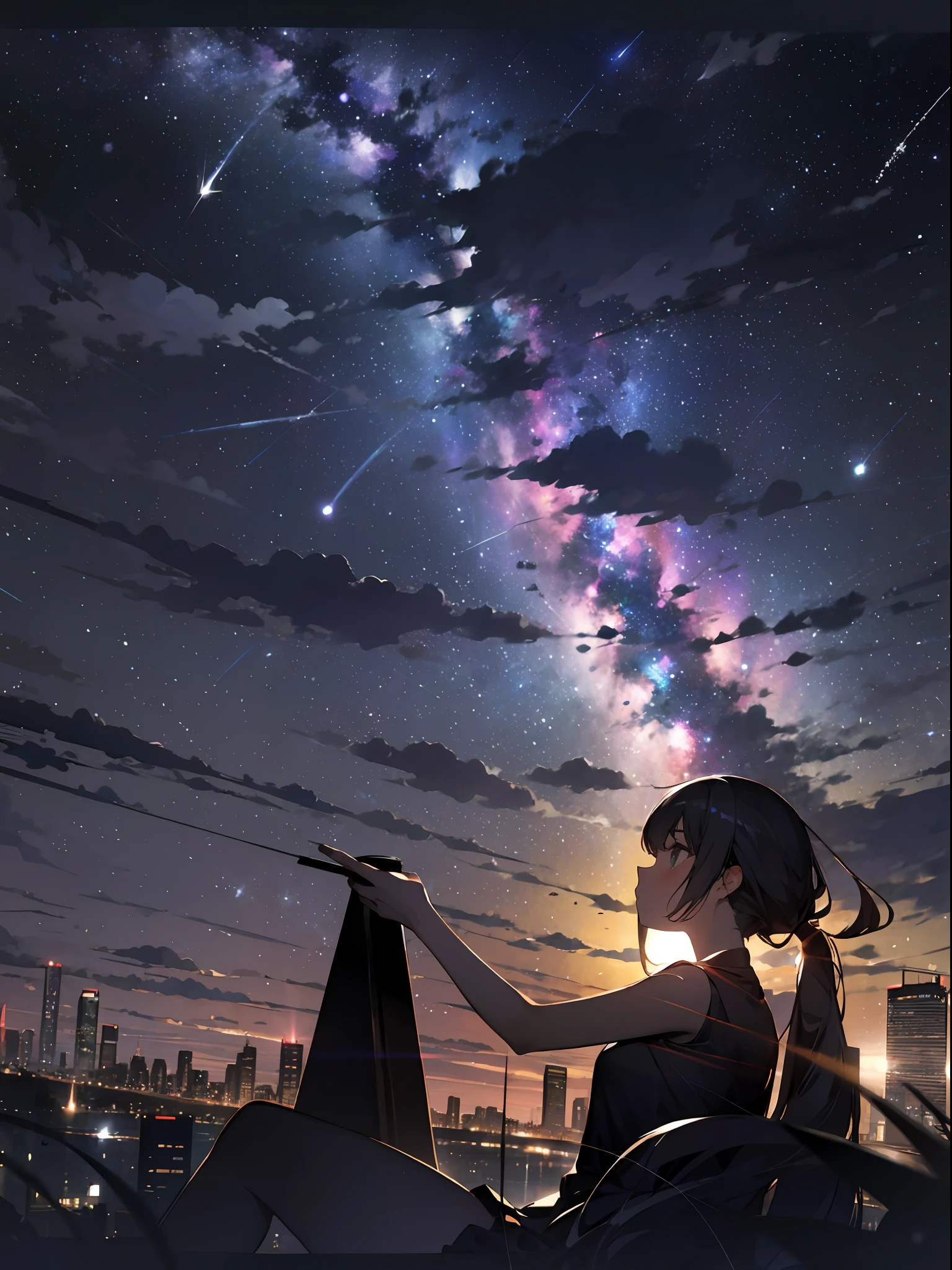 sky, star (sky), scenery, starry sky, night, 1girl, night sky, solo, outdoors, building, cloud, milky way, sitting, tree, long hair, city, silhouette, cityscape