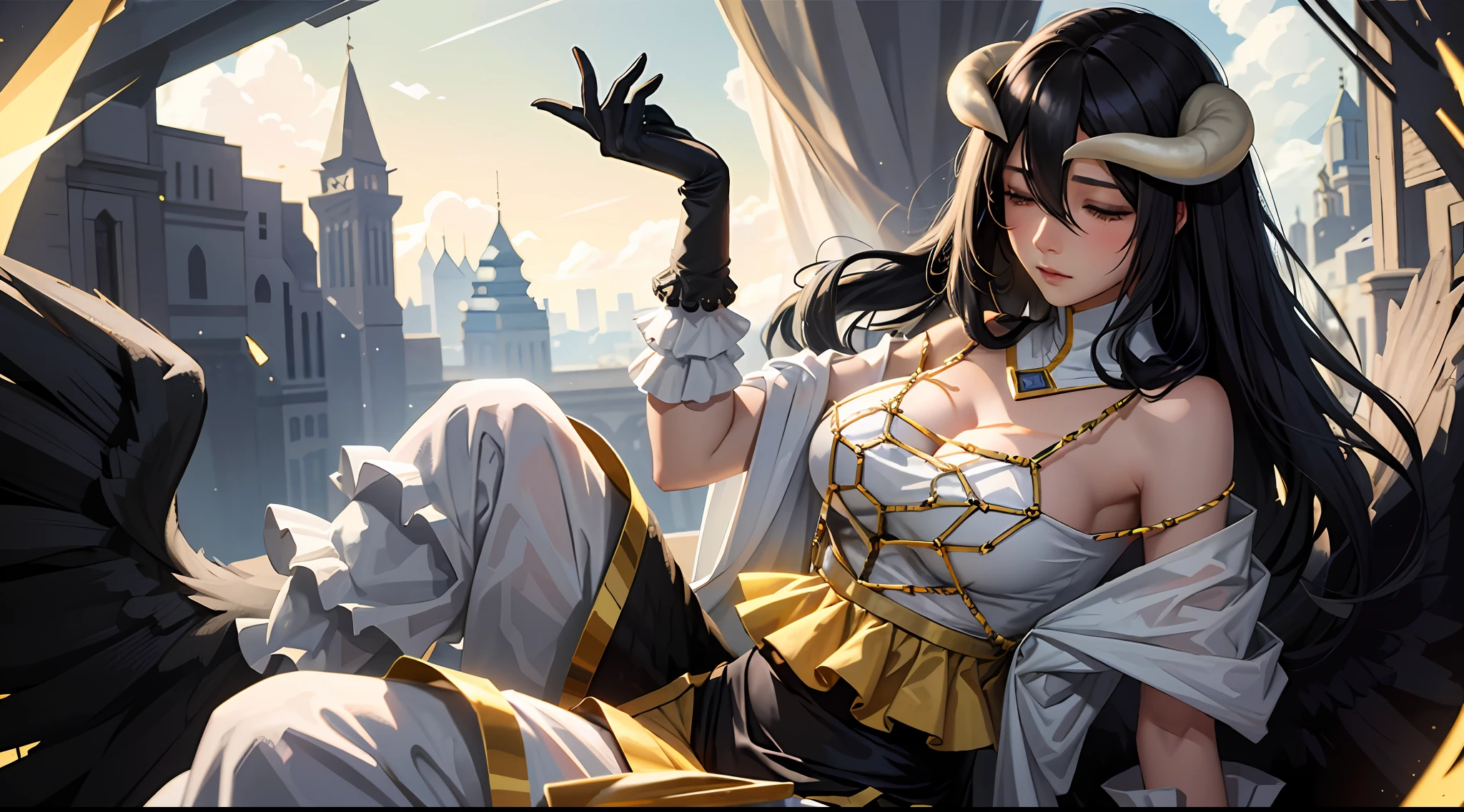 Masterpiece, Best quality, Ultra-detailed, illustration, epic lighting, Cinematic composition, isometry,(hexagons:1.2), 1girll, Horns, Solo, Yellow eyes, Black hair, Long hair, (Low wing:1.2), Pupil of the slit, cleavage, Bare shoulders, hair between eye, Medium breasts, (White dress:1.1), Golden decoration, Detached collar, view the viewer, Semi-closed Eyes, (view the viewer:1.1), parted lip, Blush, Black feathers fall, Arena, particle fx, (8K:1.1),cleavage