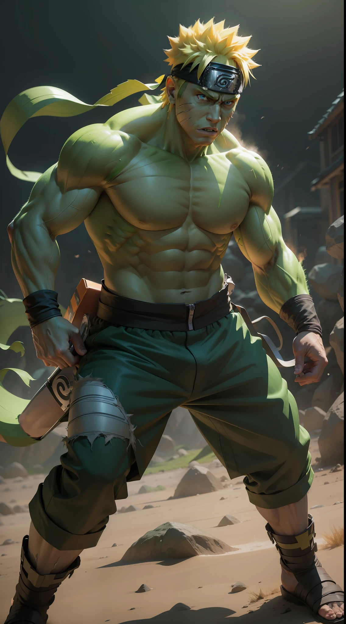 Naruto Uzumaki as Hulk, (green skin), standing, sharp focus, realistic 3D, 8k, high resolution, best quality, masterpiece, dramatic lighting