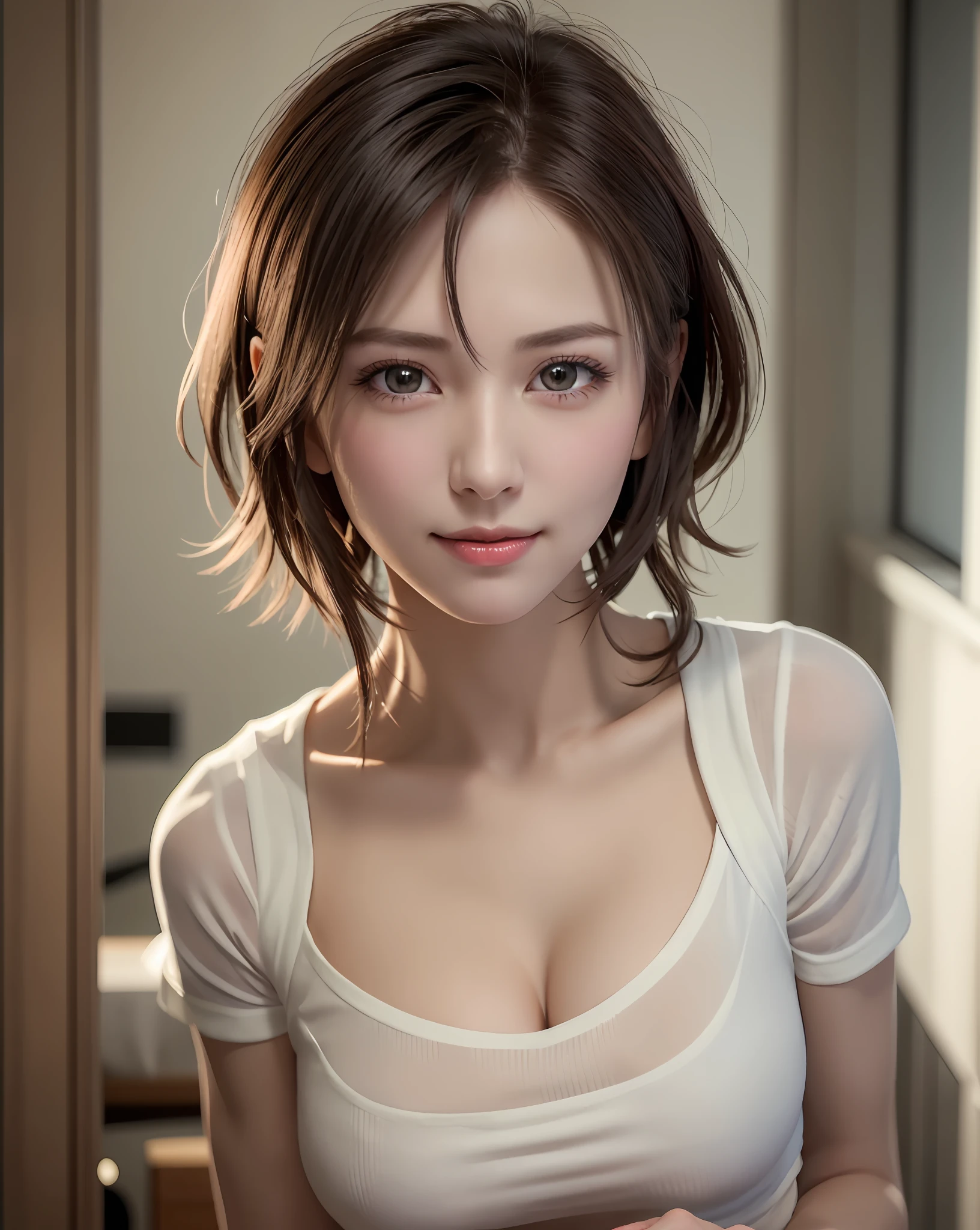 Best Quality, Ultra High Resolution, (Photorealistic: 1.4), Beautiful Eyes, Super Beautiful, Very Short Hair, Beautiful, Sweetheart, T-shirt with Rough Chest, Beautiful Soldier, Eyes That Invite Viewer, Lover's Perspective, Inviting Expression, Sexy Smile, Perfect Style, Perfect Balance, Detailed Skin, Naughty Gaze, Chest Visible