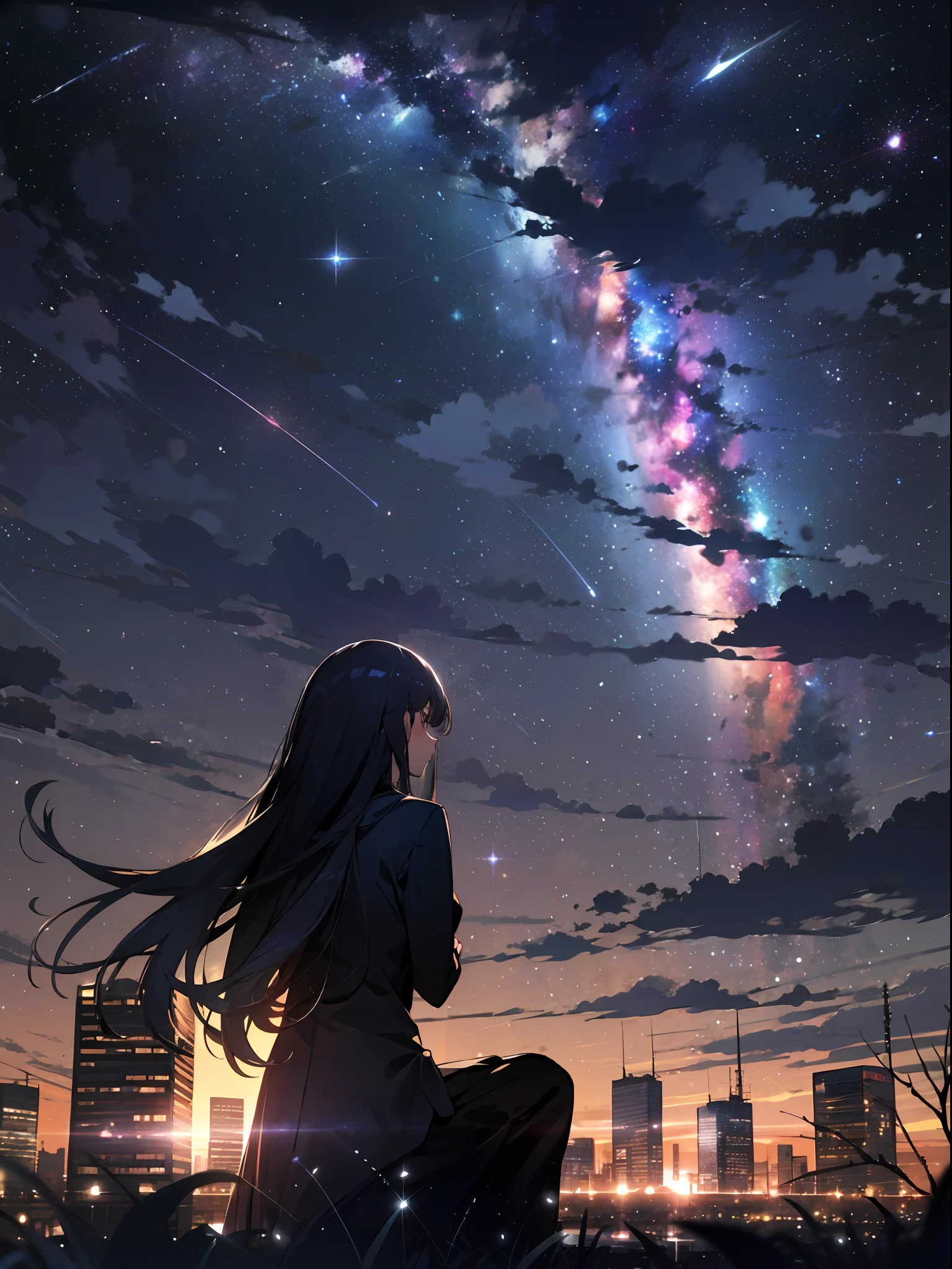 sky, star (sky), scenery, starry sky, night, 1girl, night sky, solo, outdoors, building, cloud, milky way, sitting, tree, long hair, city, silhouette, cityscape