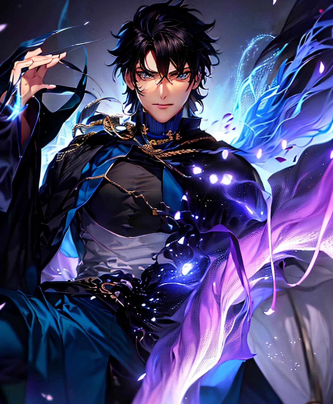 um homem de terno azul com uma capa e uma capa preta, inspirado em Okumura Masanobu, cara bonito na arte demon slayer, cara de anime alto com olhos azuis, Hijikata Toushirou de Gintama, wallpaper anime blue water, kentaro miura manga art style, foto de perfil 1024px, 4 k manga wallpaper, olhos pretos, foco no rosto.