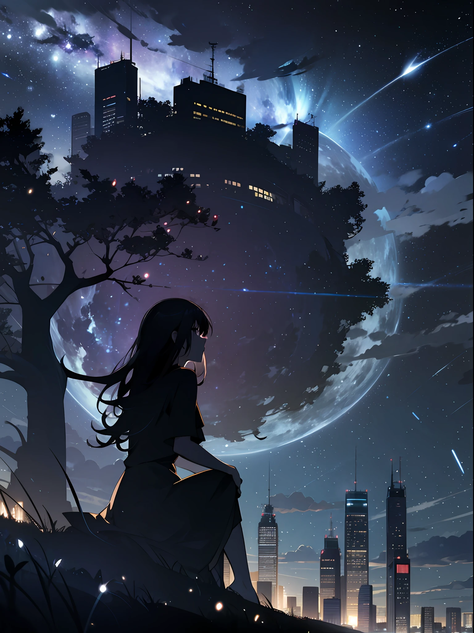 sky, star (sky), scenery, starry sky, night, 1girl, night sky, solo, outdoors, building, cloud, milky way, sitting, tree, long hair, city, silhouette, cityscape