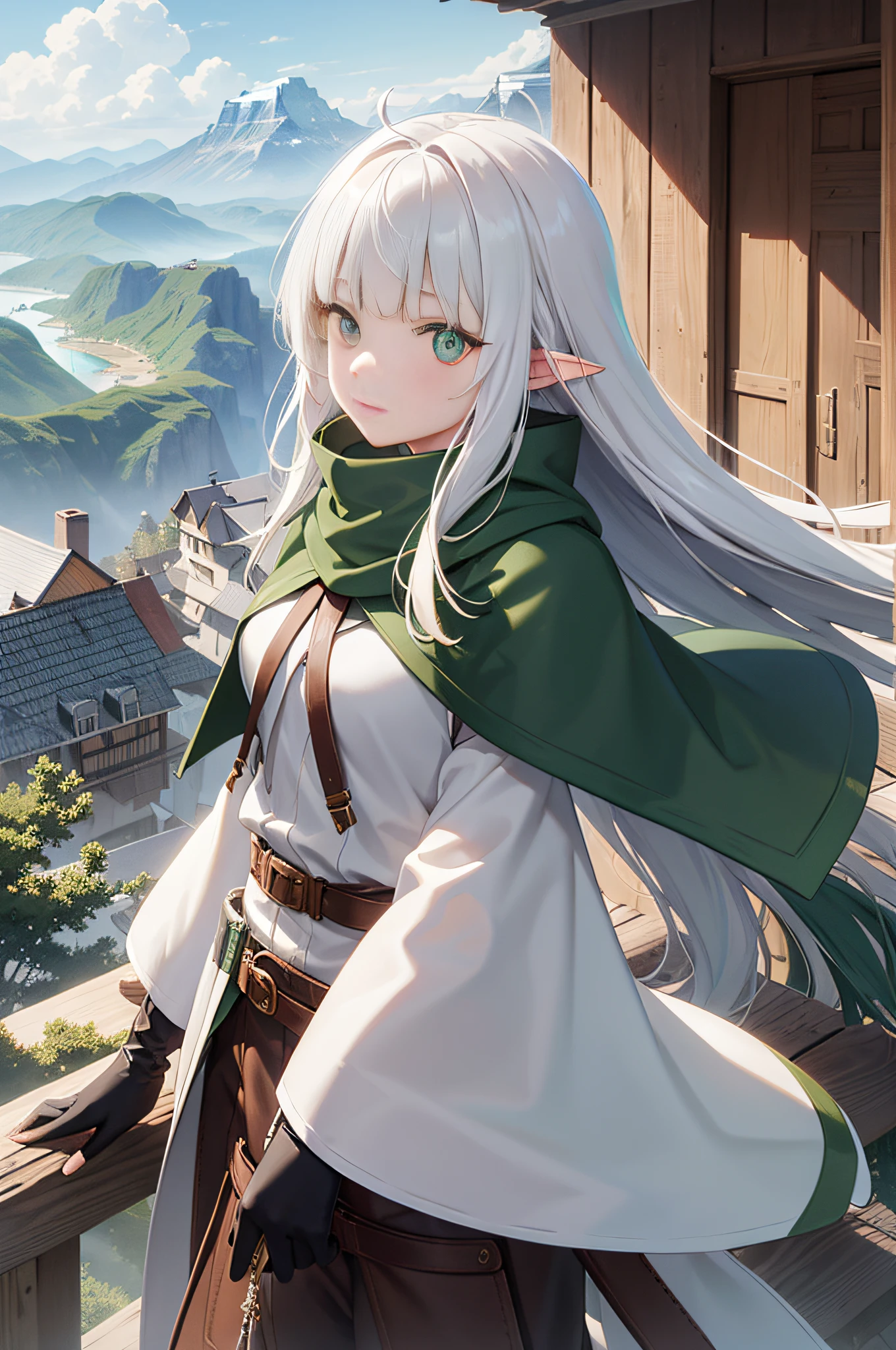green eyes, white hair, long hair, (blunt bangs), pointy ears, floating hair, green gradient hair, 
brown capelet, brown belt, pouch, winter clothes, gloves, long sleeves, leather, fur trim, scarf,  
(chibi:1.1), expressionless, head rest, against fence, bent over, mountainous horizon, wooden house, town, balcony, from side,  
penSketch_style, ink sketch,