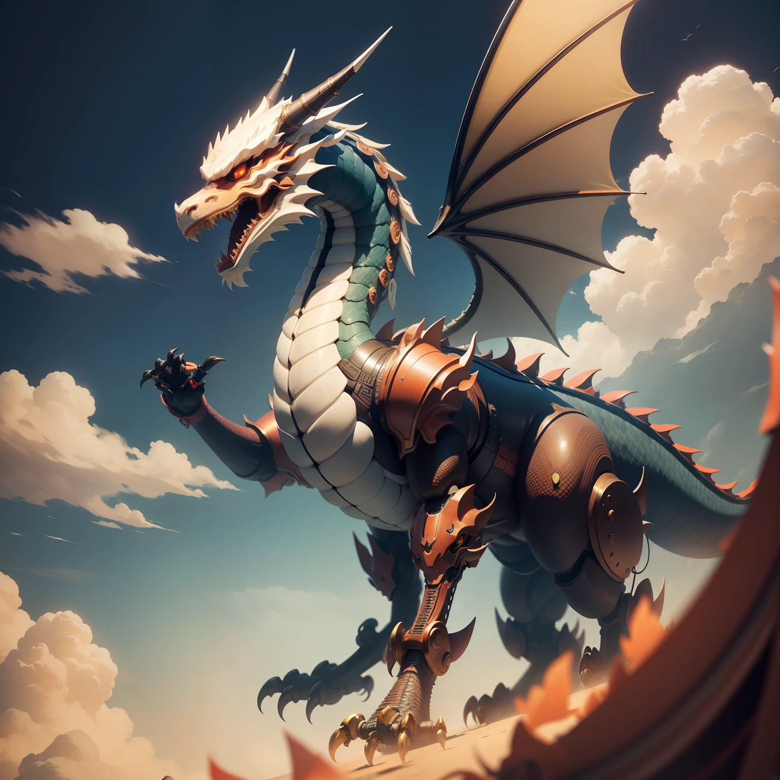 Close-up of a full-body Chinese dragon robot Sky Backdrop