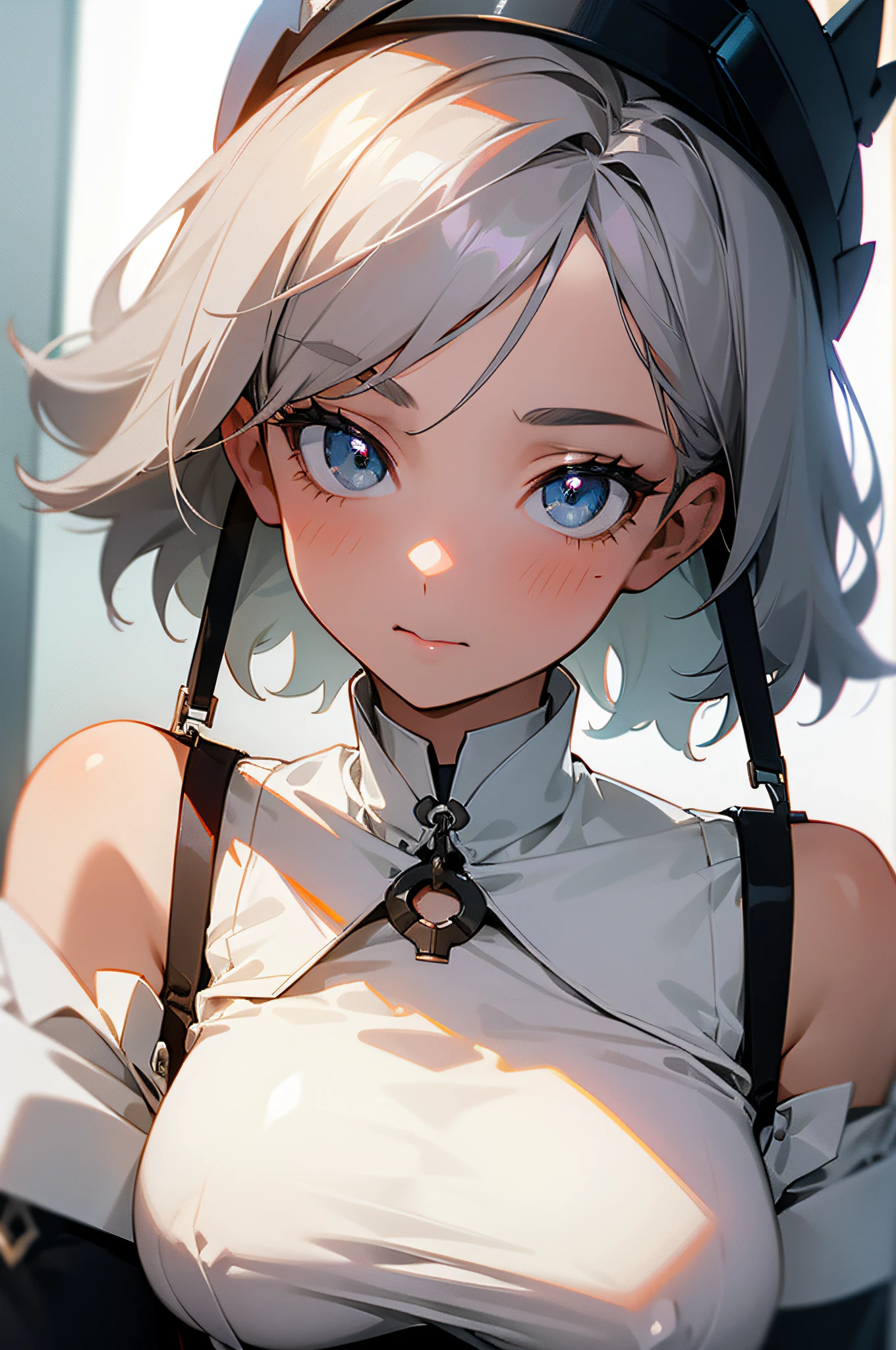 1Beautifulwoman，inside bedroom，extreme hight detail，Short gray hair，Shy，White suspenders are off-the-shoulder，Close-up of face details，The upper part of the body