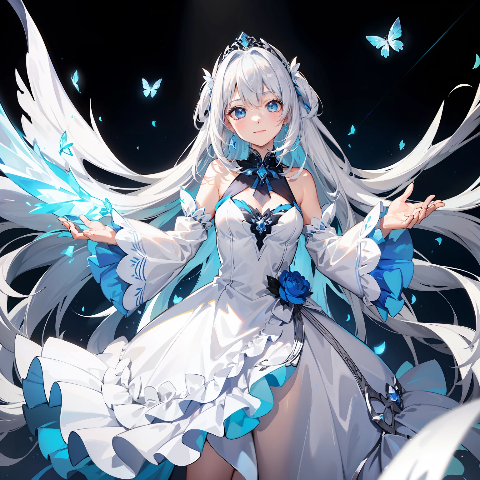 ,Long silver-white hair fluttering,blue color eyes,turning around, Crystal tiara,Dark blue gradient maxi dress,White transparent gloves,An idol smile,All colored ones are relatively transparent