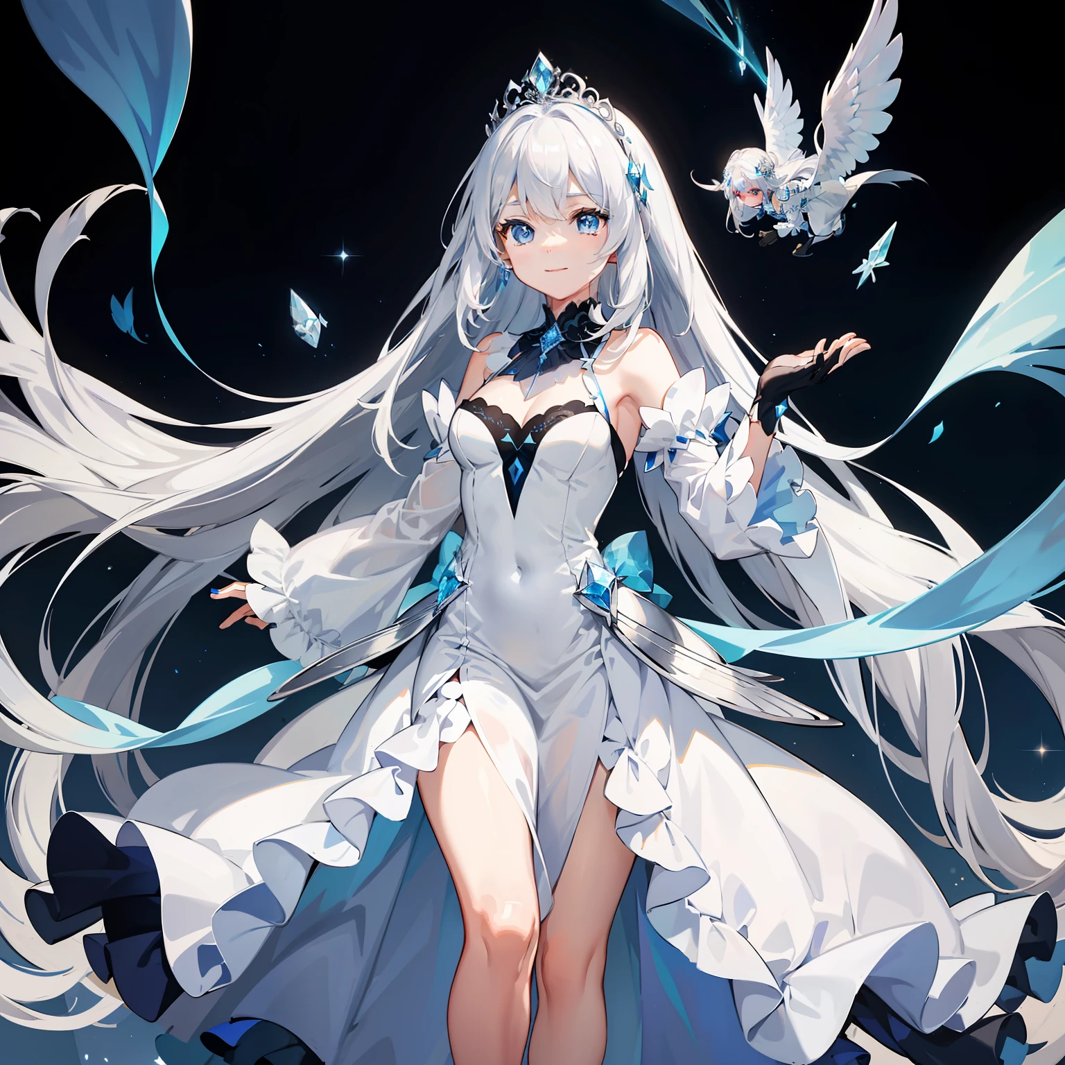 ,Long silver-white hair fluttering,blue color eyes,turning around, Crystal tiara,Dark blue gradient maxi dress,White transparent gloves,An idol smile,All colored ones are relatively transparent