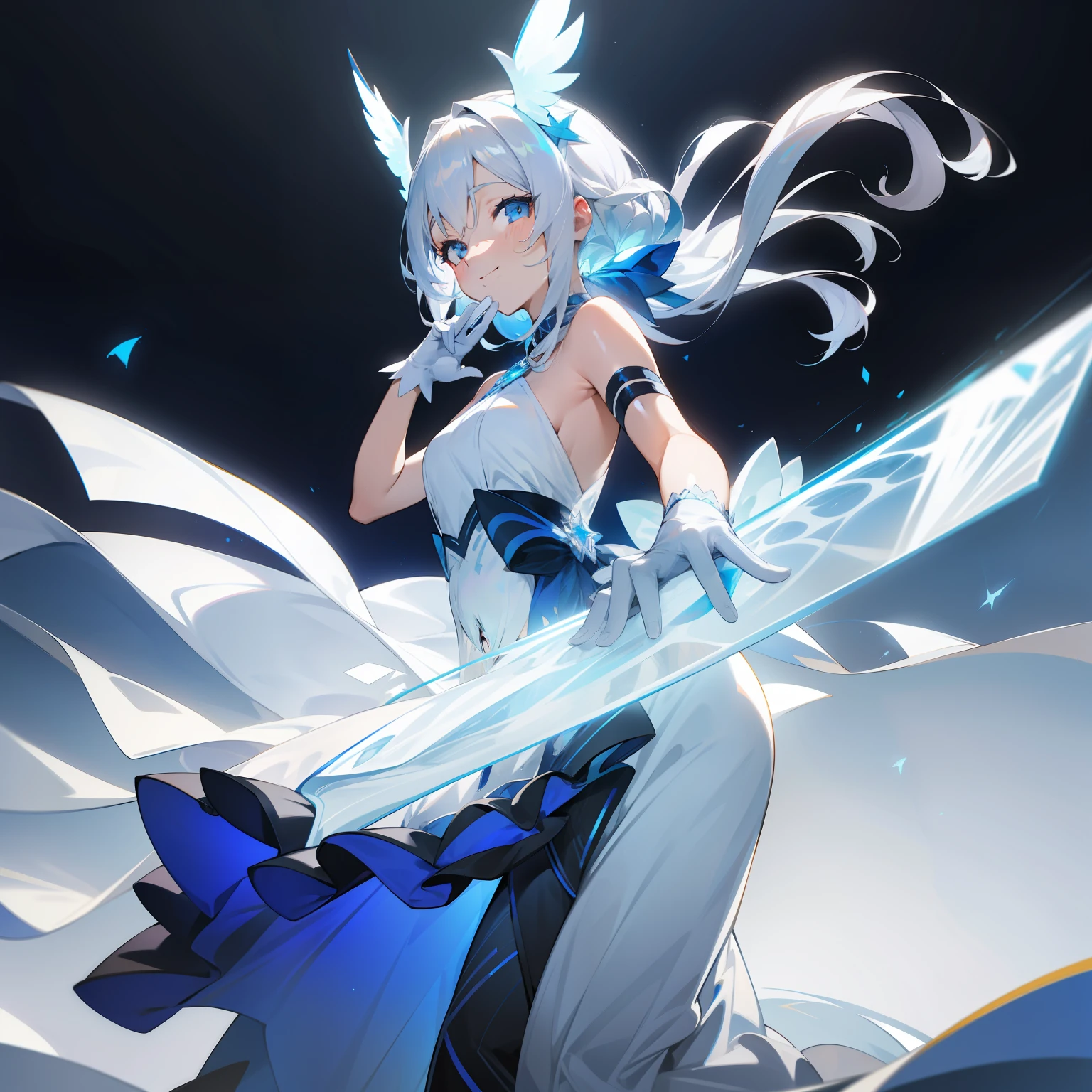 ,Long silver-white hair fluttering,blue color eyes,turning around, head gear,Dark blue gradient maxi dress,White transparent gloves,An idol smile