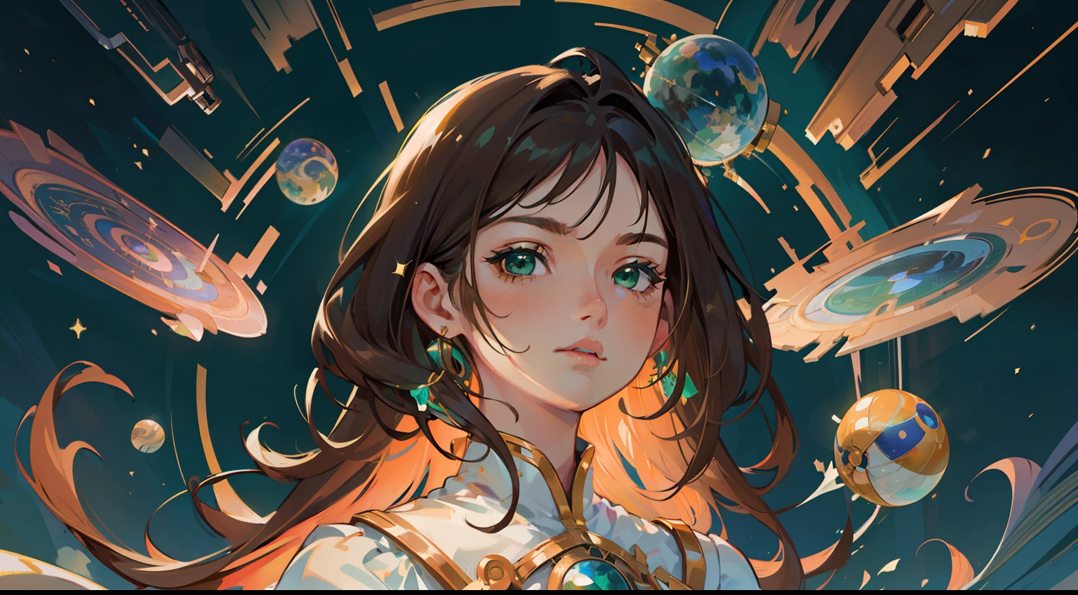 (masterpiece), best quality, beautiful detailed hair detailed face, ultra high res, sharp focus, ((1 woman, solo)), perfect feminine face, very stunning woman, full body, (dressless:1.0), floating in galaxy, (galaxy background:1.1), solar system background, planet, asteroid, chesnut brown hair, flowing long hair, ((green eyes))