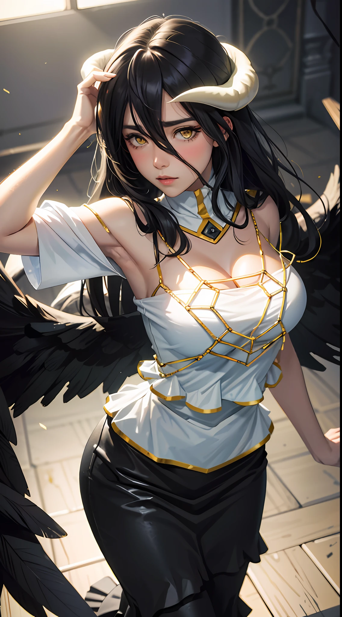 Masterpiece, Best quality, Ultra-detailed, illustration, epic lighting, Cinematic composition, isometry,(hexagons:1.2), 1girll, Horns, Solo, Yellow eyes, Black hair, Long hair, (Low wing:1.2), Large cleavage, Bare shoulders, hair between eye, Medium breasts, (White dress:1.1), Golden decoration, Detached collar, view the viewer, Semi-closed Eyes, (view the viewer:1.1), parted lip, Blush, Black feathers fall, Arena, particle fx, (8K:1.1)