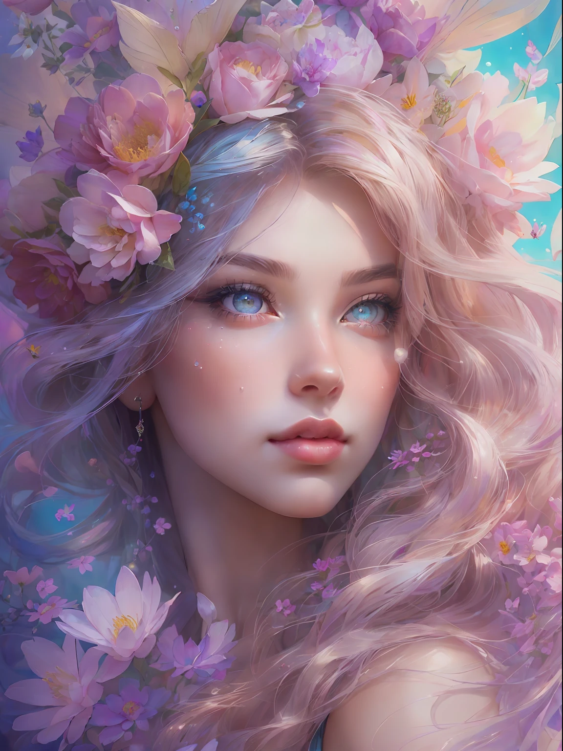 This artwork is dreamy and in the style of mythic fantasy, with soft watercolor hues in varying shades of pink, blue, and purple. Generate an ornate figure from Greek mythology and realistic skin and hair texture. Her strong, proud face has realistically shaded eyes and puffy lips, and a big mouth. Her soft, realistic hair is dancing in the breeze along with the flowers and detailed butterflies that surround her. Include highly detailed fantasy touches including a beautiful watercolor sky. Include 8k eyes, hires eyes, beautiful detail eyes, beautiful detailed eyes, and realistic eyes. Include fantasy details, enhanced details, iridescence, and colorful glitter. Pay special attention to her face and make sure it is beautifully and realistically detailed. 8k, intricate, elegant, highly detailed, majestic, digital photography, art by artgerm and ruan jia and greg rutkowski, (((masterpiece, finely detailed beautiful eyes: 1.2))), hdr, ((realistic skin texture)), rays of light, ornate flowers, dew drops, sunlight, hazy rays of sun, flowergateway style, castle, palace, archway, flowers, growing
