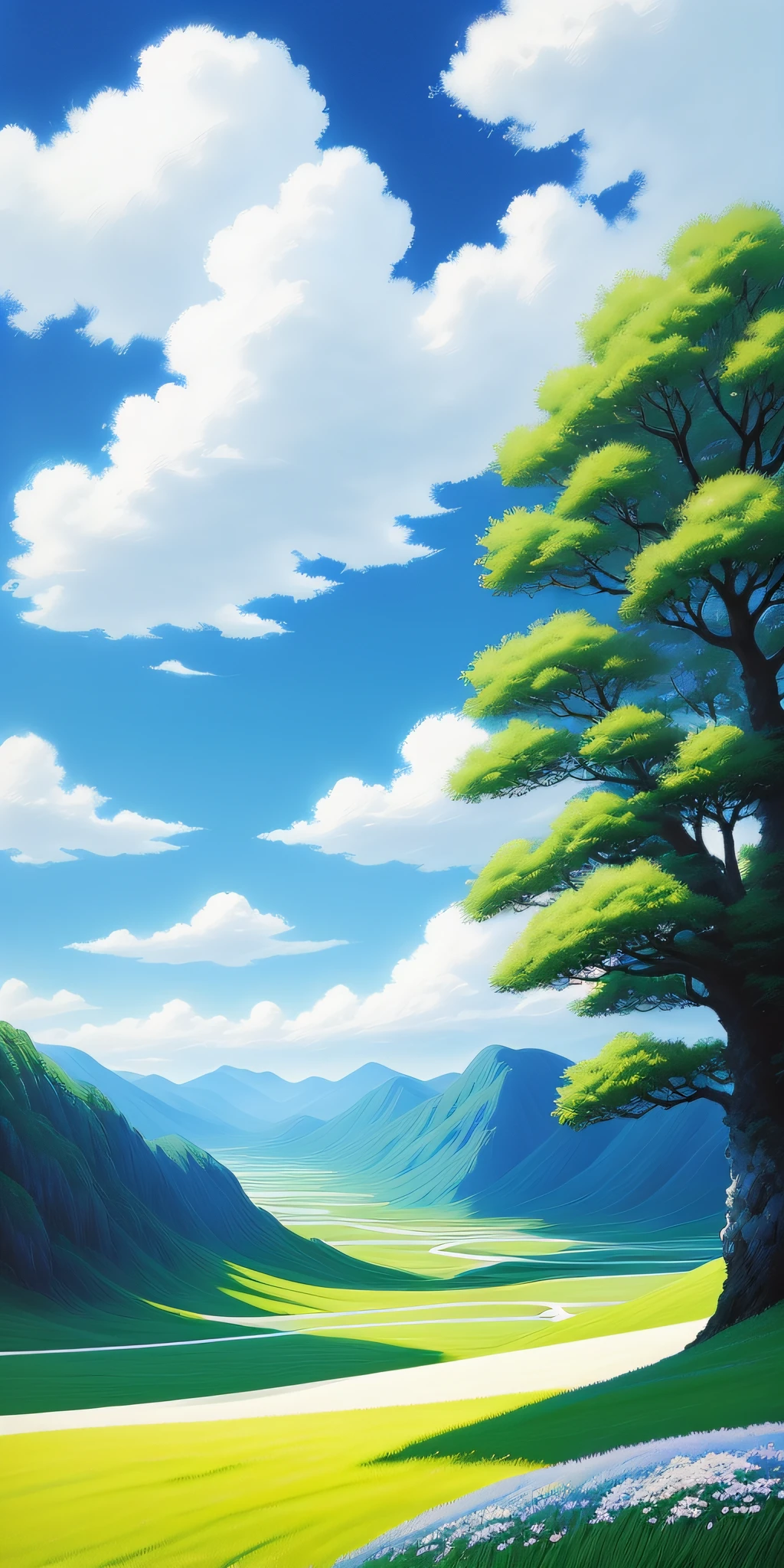 photorealestic，Realiy，Beautiful and amazing landscape oil painting Ghibli Studio Miyazaki petals steppe with blue sky and white clouds，Stunning scenery，sunlight, --v6