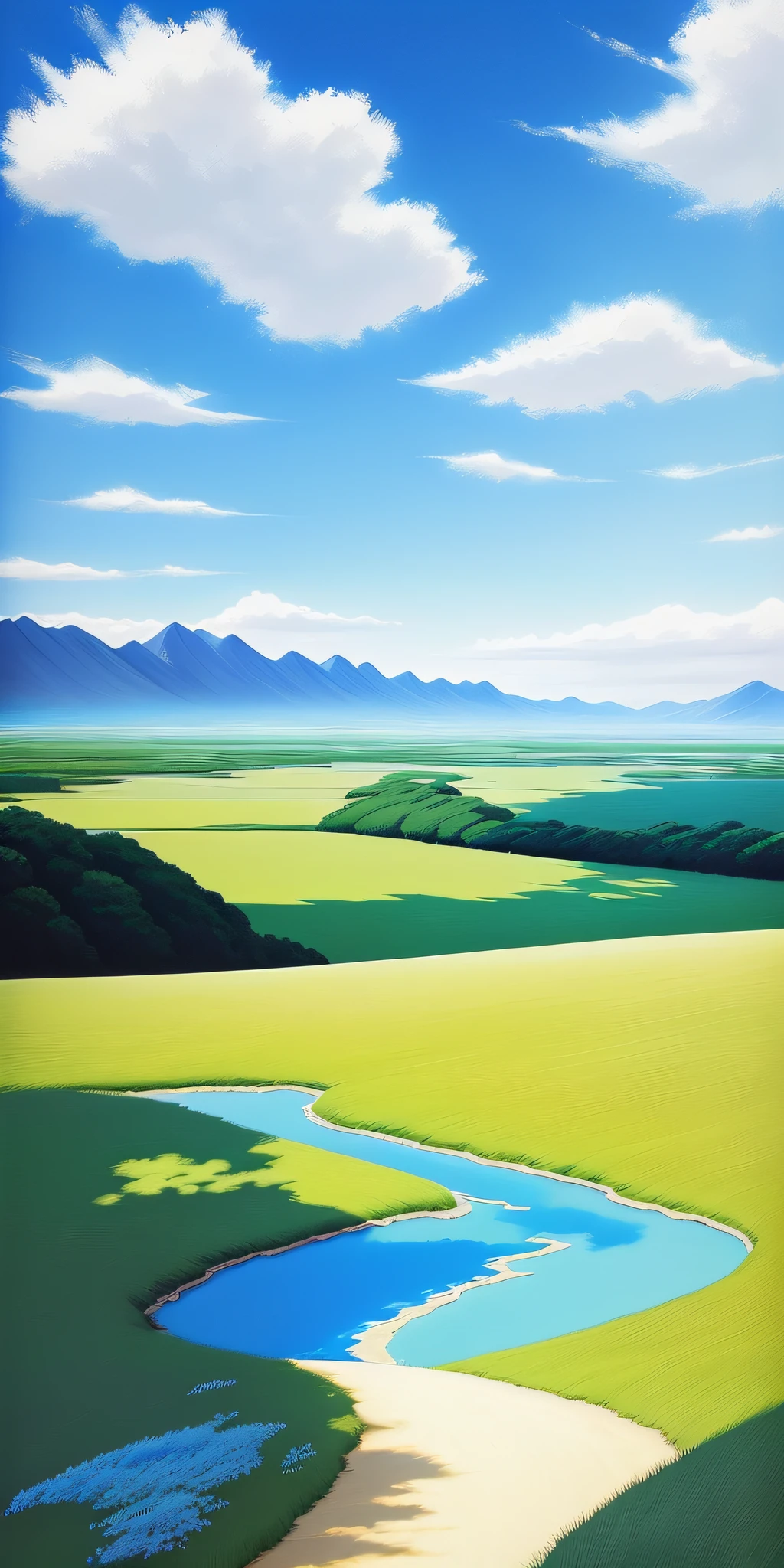 photorealestic,Realiy,Beautiful and amazing landscape oil painting Ghibli Studio Miyazaki petals steppe with blue sky and white clouds,Stunning scenery,sunlight, --v6