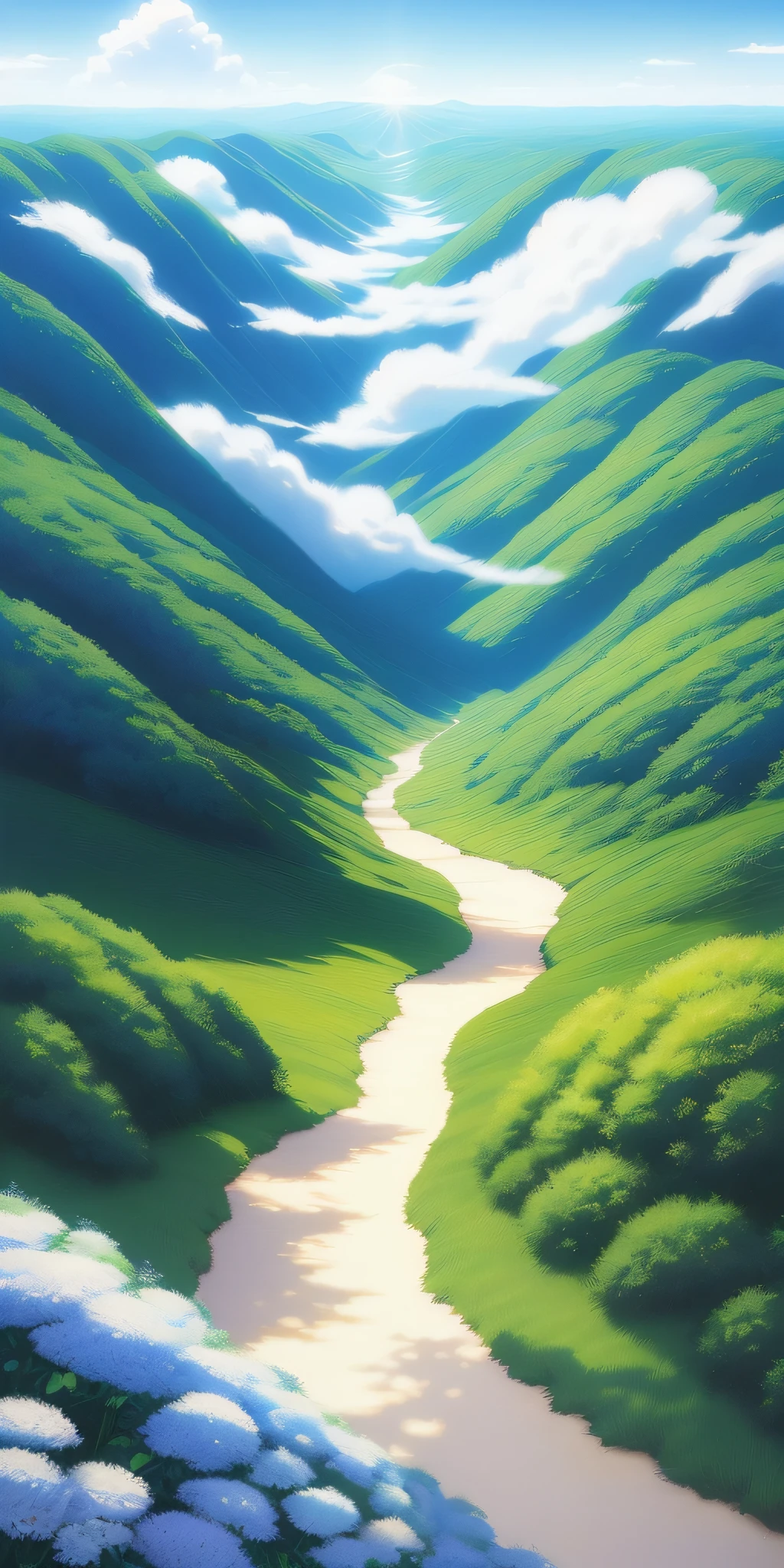 photorealestic,Realiy,Beautiful and amazing landscape oil painting Ghibli Studio Miyazaki petals steppe with blue sky and white clouds,Stunning scenery,sunlight, --v6