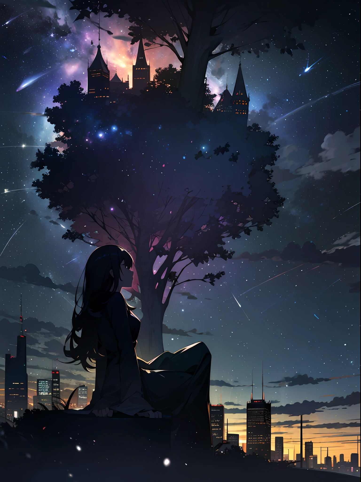 sky, star (sky), scenery, starry sky, night, 1girl, night sky, solo, outdoors, building, cloud, milky way, sitting, tree, long hair, city, silhouette, cityscape