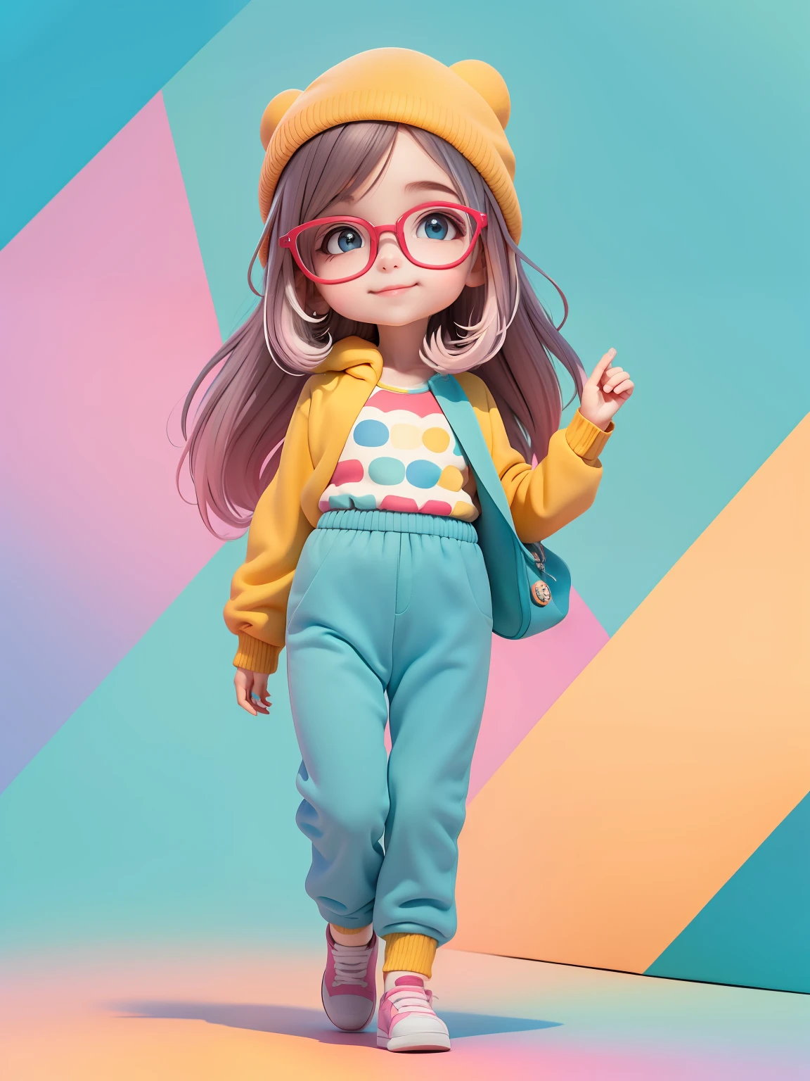 (obra-prima), (melhor qualidade), (ultra-detalhado), (corpo inteiro: 1.2)  menina bonita e fofa, Eyeglasses, tema frutas, capuz, moletom colorido, Knitted jumpsuits, Pants, jaqueta, blusa, sorriso claro, corpo inteiro, :3, fundo tom pastel , colorido e simples.