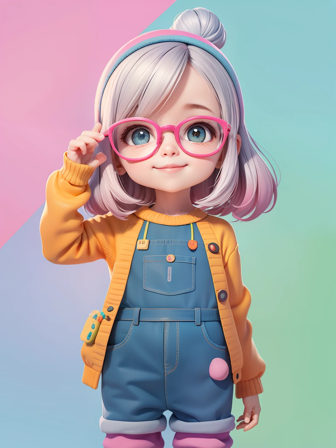(obra-prima), (melhor qualidade), (ultra-detalhado), (corpo inteiro: 1.2) baby menina bonita e fofa, Eyeglasses, tema frutas, capuz, moletom colorido, Knitted jumpsuits, Pants, jaqueta, blusa, sorriso claro, corpo inteiro, :3, fundo tom pastel , colorido e simples.