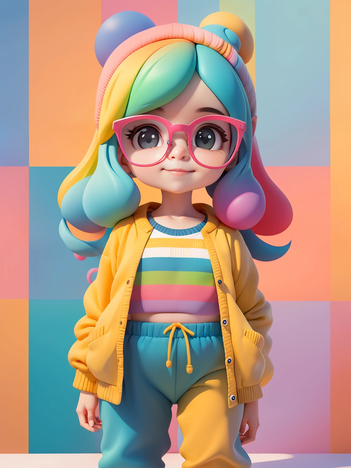 (obra-prima), (melhor qualidade), (ultra-detalhado), (corpo inteiro: 1.2) menina bonita e fofa, Eyeglasses, tema frutas, capuz, moletom colorido, Knitted jumpsuits, Pants, jaqueta, blusa, sorriso claro, corpo inteiro, :3, fundo tom pastel , colorido e simples.