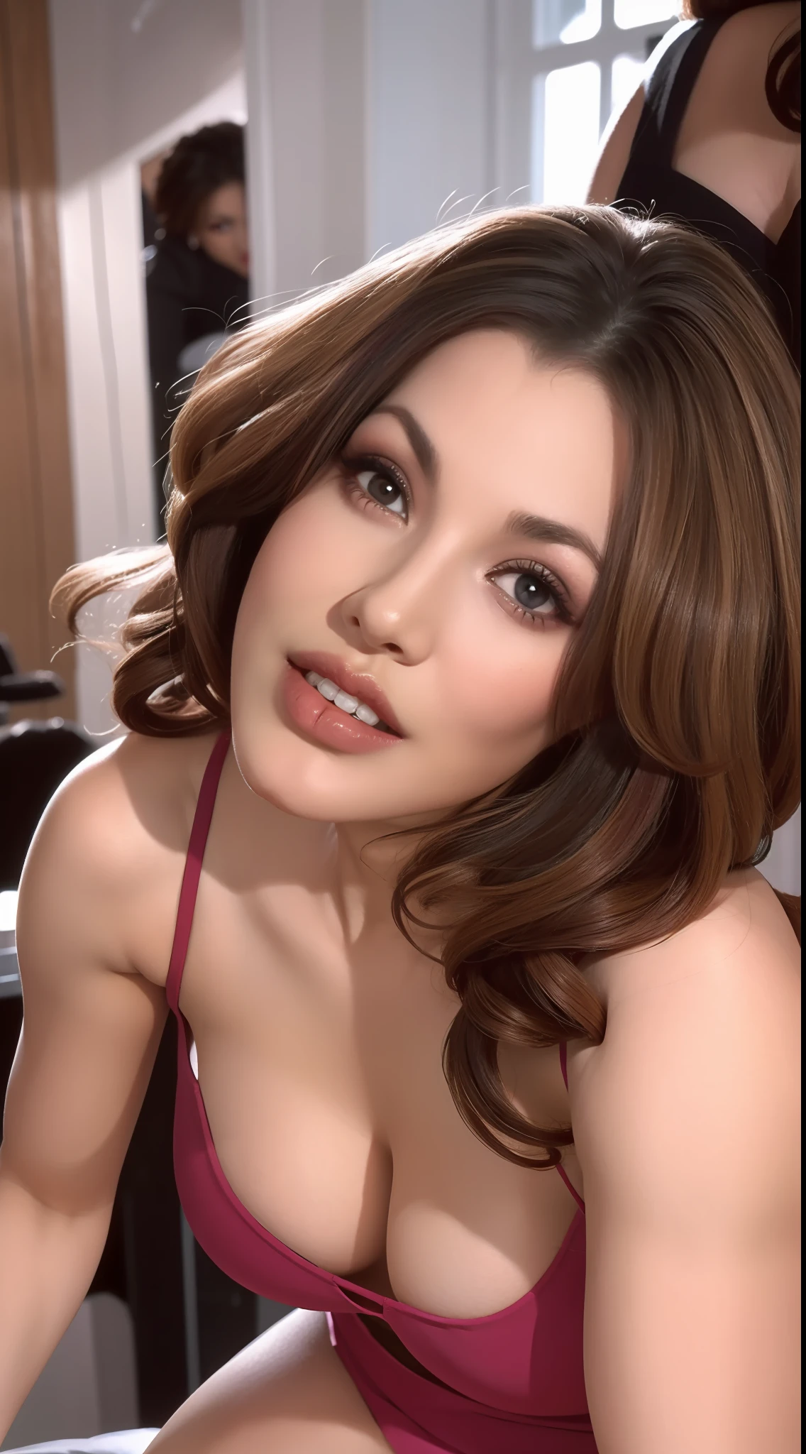 Fashion model 20 years old [[[[closeup cleavage]]]], [[[[boobgasm]]]], [[[[coll]]]], [[[[bshoulders]]]], perfect  eyes, Perfect iris，Perfect lips，perfect teeth，Perfect skin，with fair skin，Soft front light，hdr，Movie girl，underdressing，Sex is happening，The expression is excited，having fun，Expression satisfaction，The background is indoors，Beds（pastel colour：1.2）