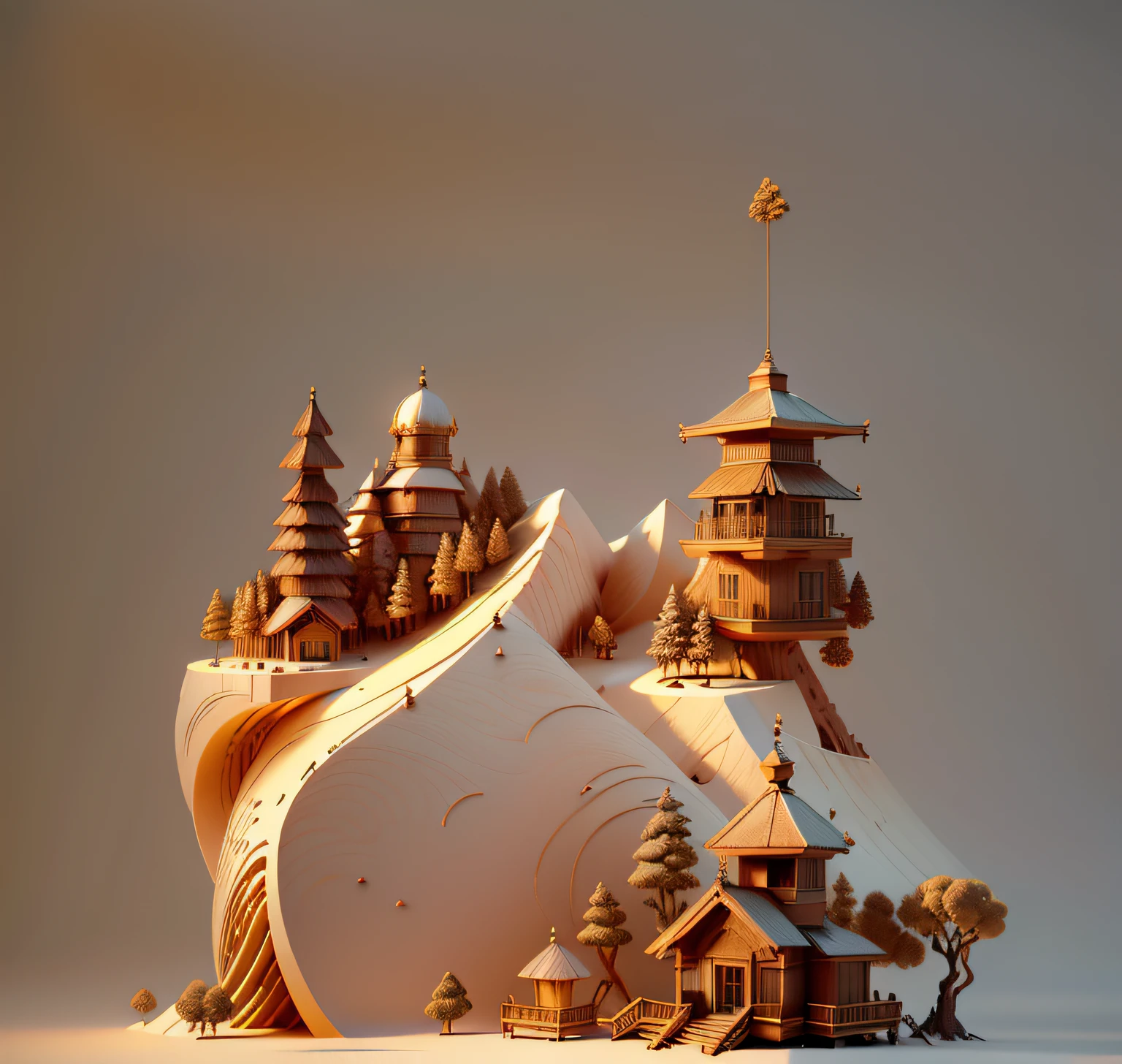 the trees,ln the forest,Mountains,wooden cabin,Pavilions,a warm color palette,3D