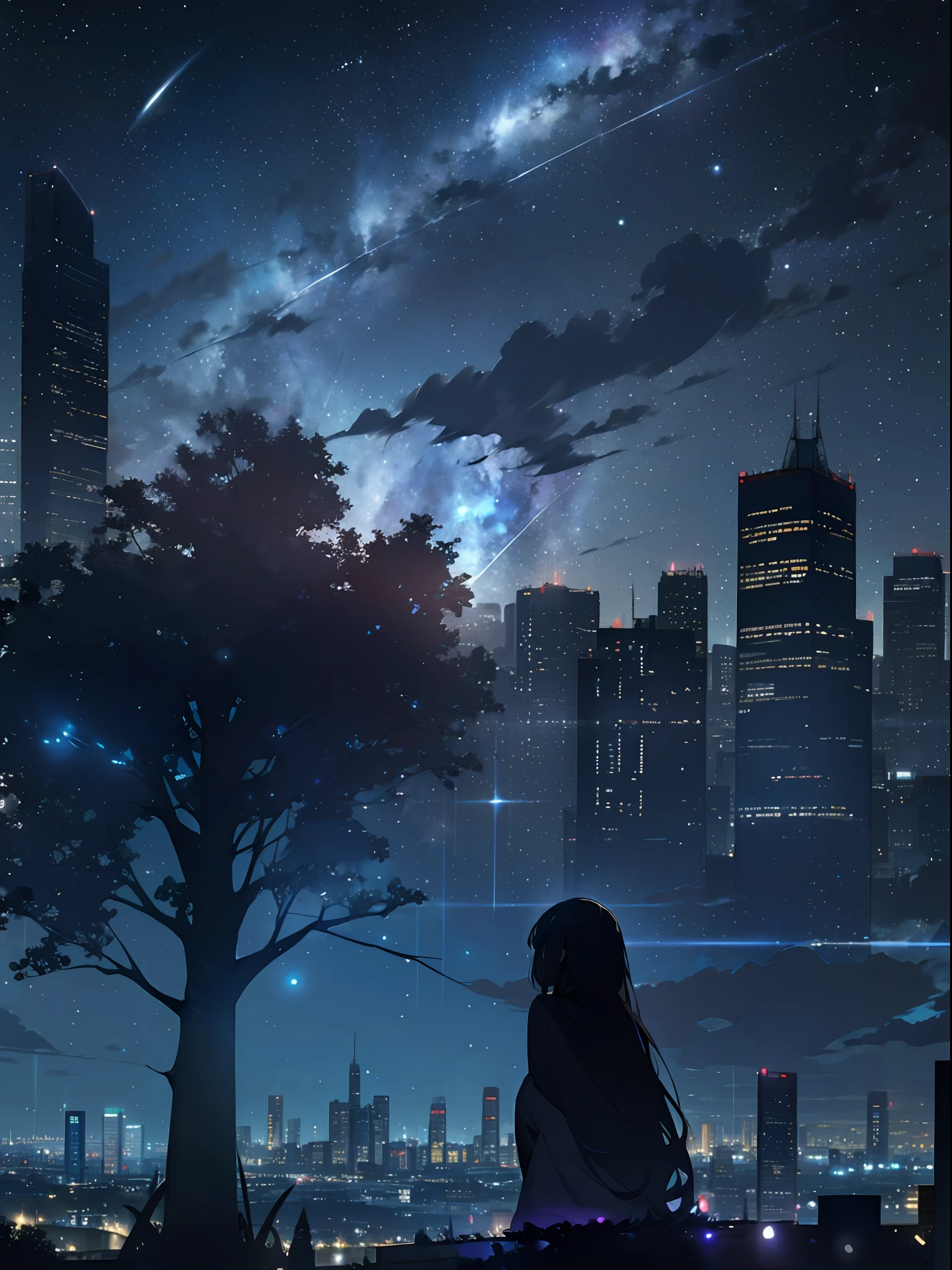 sky, star (sky), scenery, starry sky, night, 1girl, night sky, solo, outdoors, building, cloud, milky way, sitting, tree, long hair, city, silhouette, cityscape