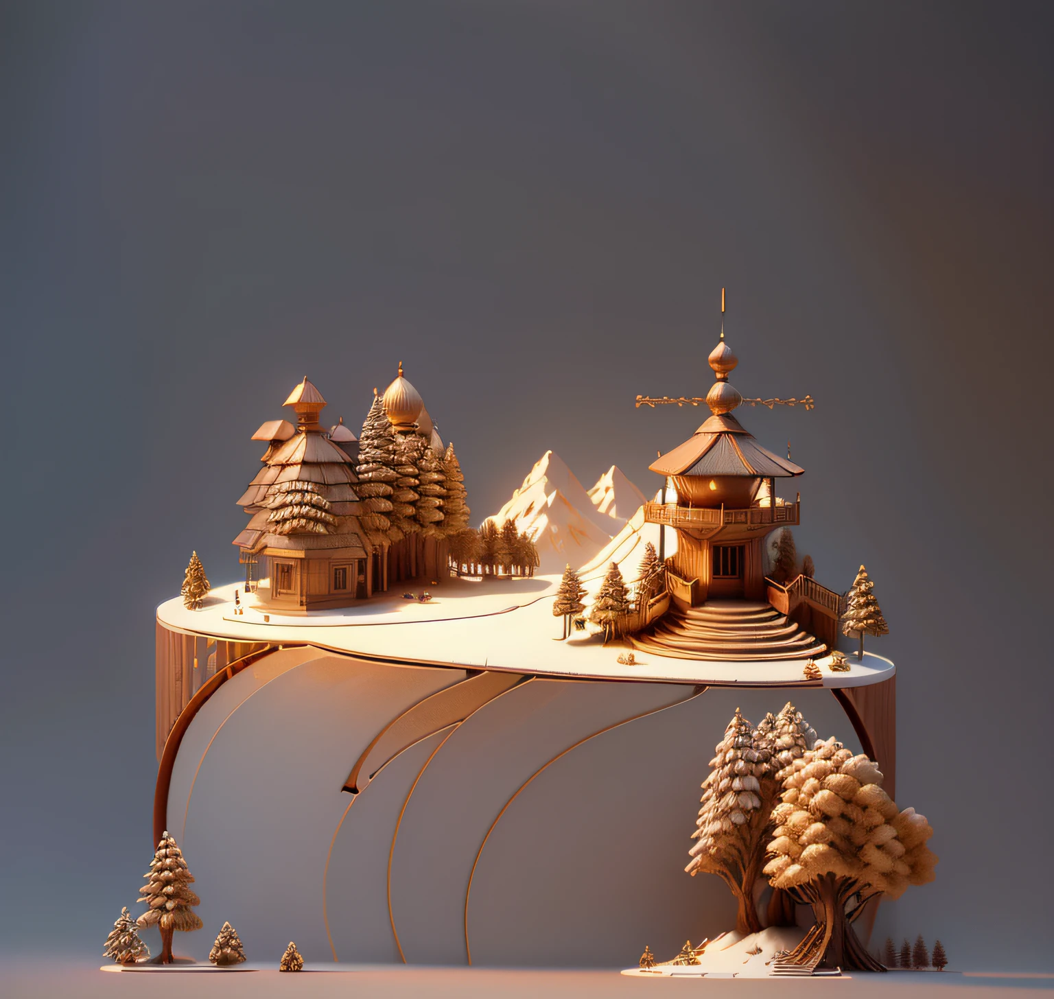 the trees，ln the forest，Mountains，wooden cabin，Pavilions，a warm color palette，3D