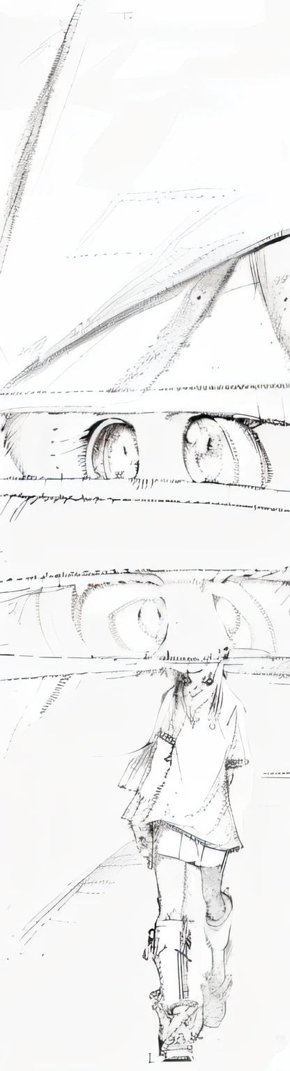 Sketch of a teenage girl walking on the road, clean anime outlines, comic drawing, large anime eyes, unsettling look in the eyes, bedroom eyes, huge anime eyes, anime shading, anime shading), Sad eyes, sidewayglance, Gaze from his heavy body, horrified look in his eyes, anime sketch, colored sketch anime manga panel