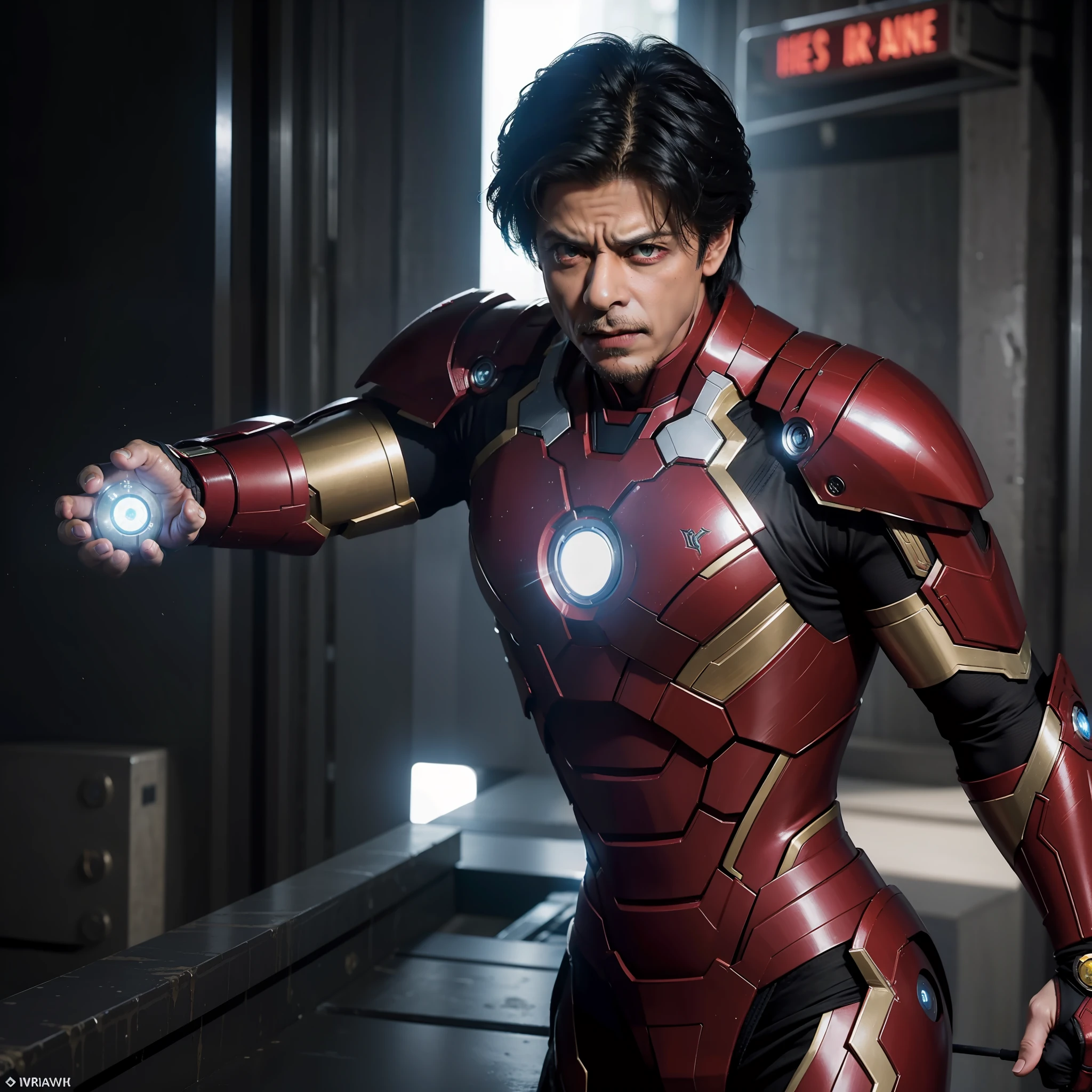 Prompt: "In a thrilling crossover event, Shahrukh Khan is transformed into the iconic superhero Ironman. Explore the story of how Shahrukh Khan's charismatic charm and intelligence combine with the genius of Ironman's suit to create an unstoppable force for good. Will Shahrukh Khan's version of Ironman be able to protect the world from a new threat and bring his signature style to the superhero world? Dive into this epic adventure and witness the ultimate fusion of Bollywood charisma and superhero power!"