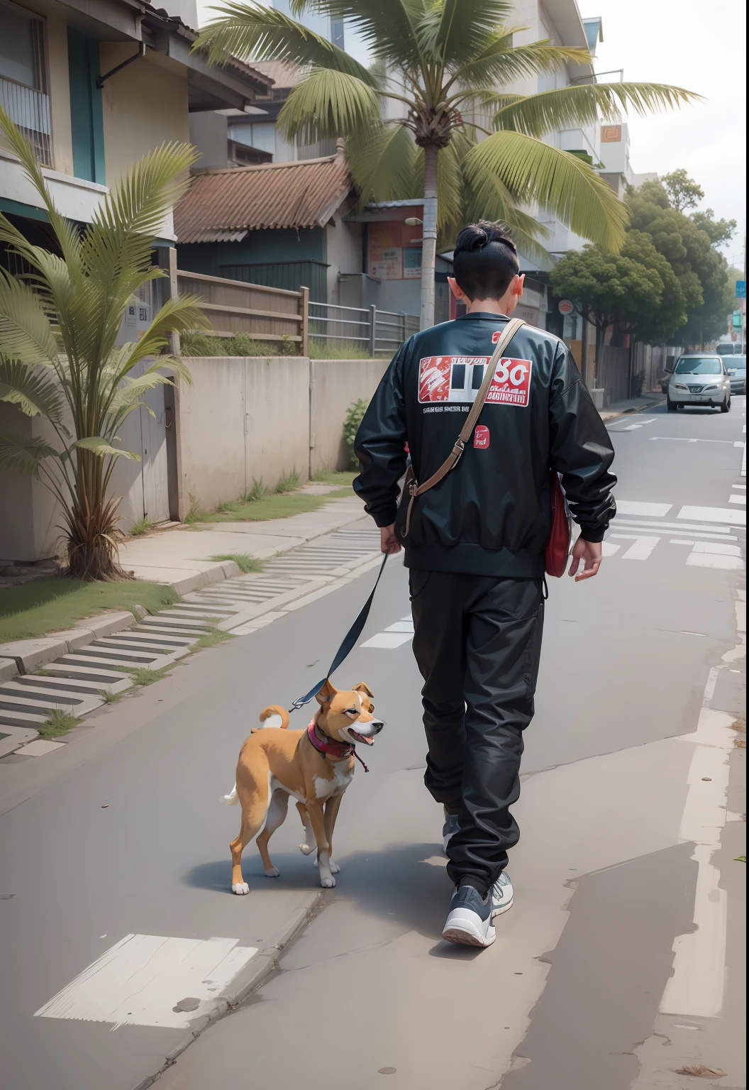 cartoon boy walking with a dog on a roadside