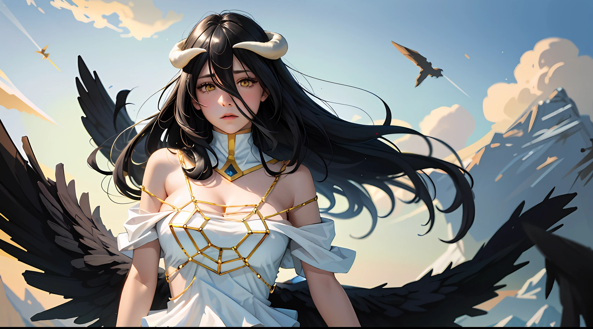 Masterpiece, Best quality, Ultra-detailed, illustration, epic lighting, Cinematic composition, isometry,(hexagons:1.2), 1girll, Horns, Solo, Yellow eyes, Black hair, Long hair, (Low wing:1.2), Large cleavage, Bare shoulders, hair between eye, Medium breasts, (White dress:1.1), Golden decoration, Detached collar, view the viewer, Semi-closed Eyes, (view the viewer:1.1), parted lip, Blush, Black feathers fall, Arena, particle fx, (8K:1.1)