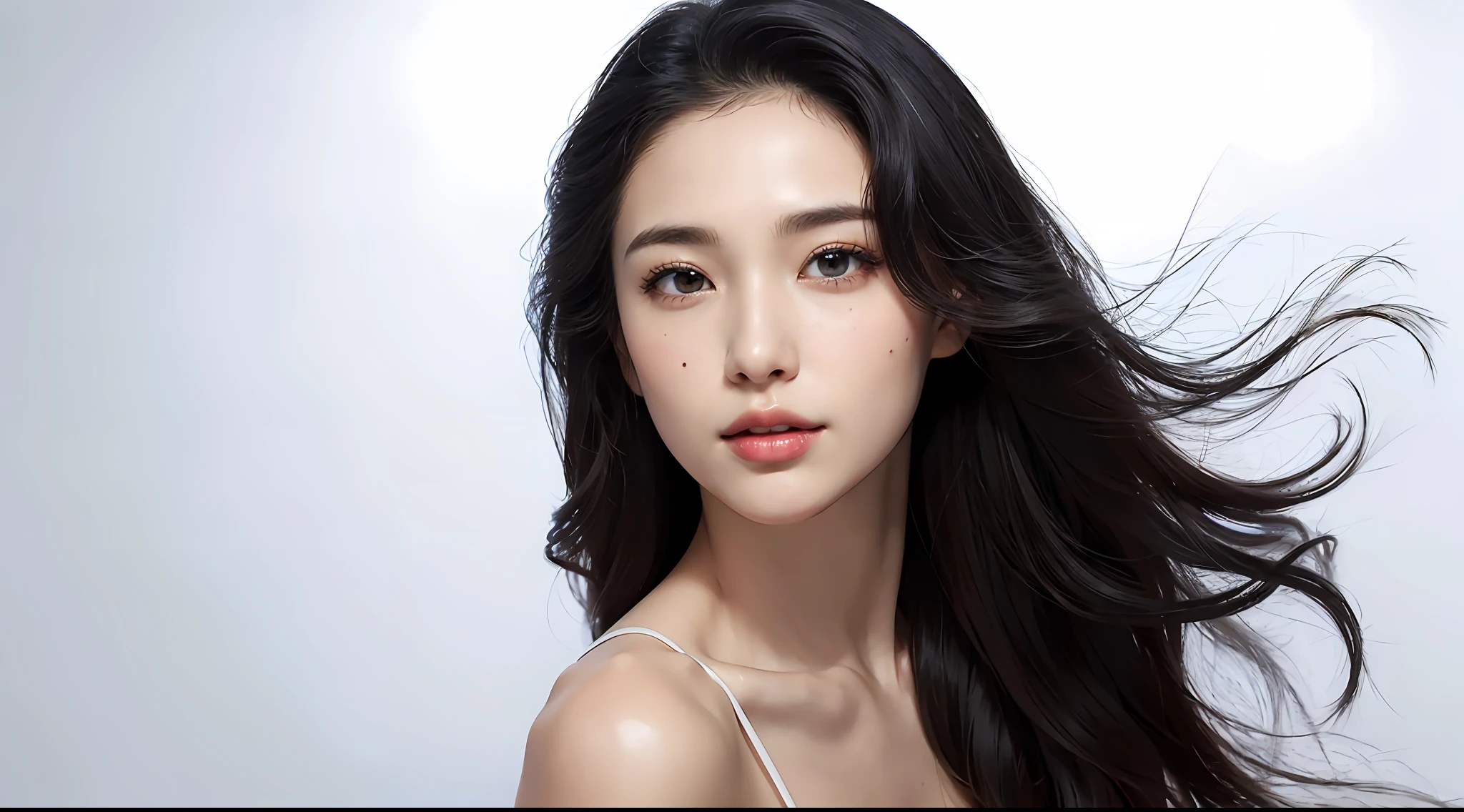 ((masterpiece, top quality, high definition)), 1 girl, (photorealistic: 1.4), solo, white background, snow-white background, mouth closed, happy smile, happy smile, pretty black hair, short hair, big eyes, clear double eyelids, eyelashes, ears out, long neck, long neck, absolute area, (draw all head, shoulders), 19 years old, attractive proportions, glossy skin, Clean collarbone, golden ratio face, perfect face, tearful mole, mole on chest, bangs, clean bangs, lip gloss, thin lips, white skin, naked, big breasts, small face, small face, draw all head, draw all shoulders, profile, masterpiece, highest quality, ultra-high resolution, high detailed portrait, (photorealistic photo: 1.4), (1 girl))) ((1 girl, white fair skin, kneeling, from above, Look up at the viewer, face closeup, 19 years old, pretty, cute, pretty black hair, bob_cut, short hair, big breasts)) (bikini swimsuit, simple blue and white two-tone swimsuit, shiny swimsuit, shiny shiny swimsuit with reflective surface, dripping wet body) (portrait of a famous actress of Japan), (smile, happy, joyful, cheerful, close mouth), (breasts tucked between arms and breasts), high detailed eyes, (((really pure white background, nothing background)), ((long neck, bangs, bangs, pretty face, gaze staring at the camera, eyelashes, big eyes, clear double eyelids, teardrop moles, shiny skin, clean skin quality, lip gloss))