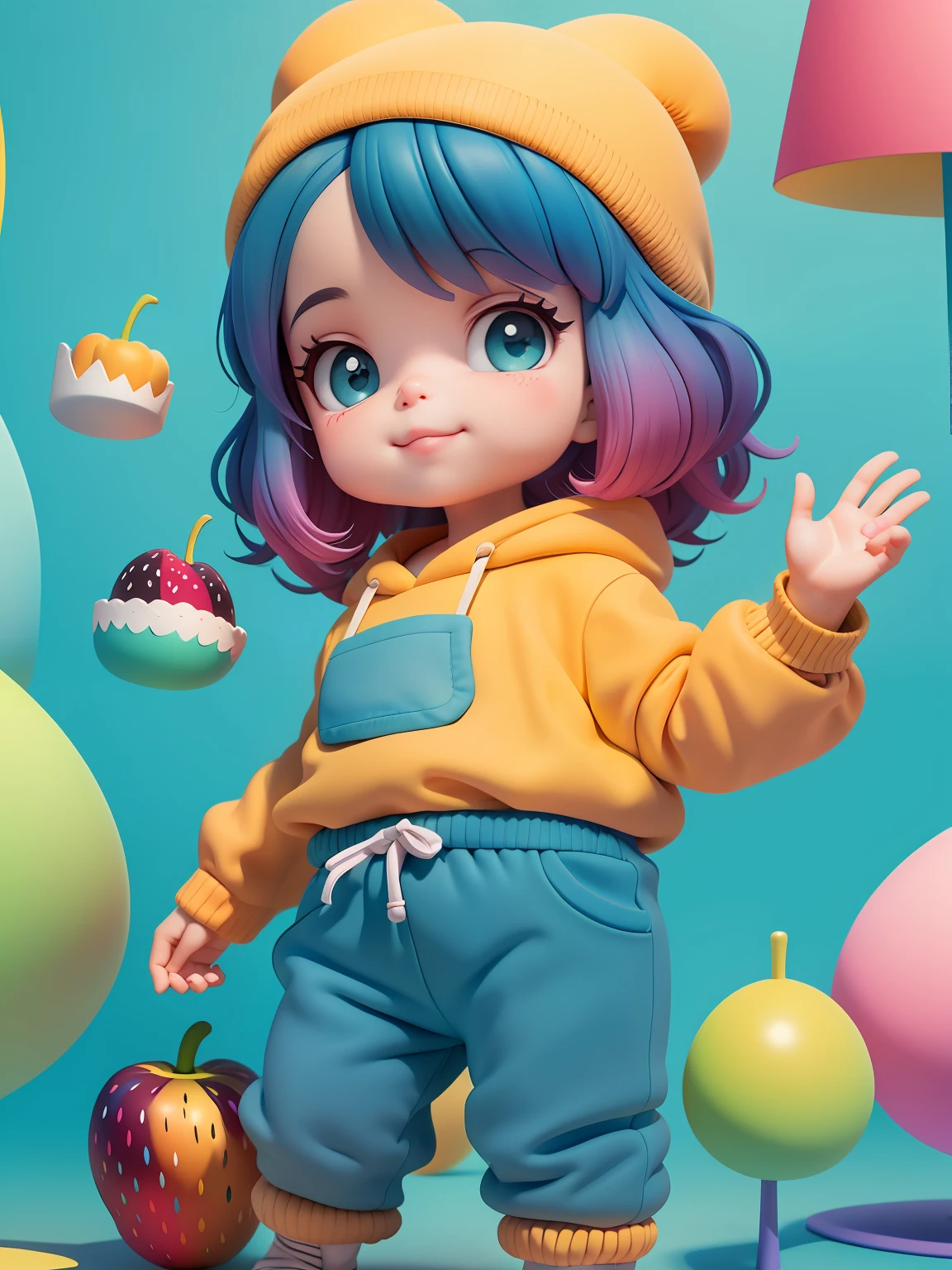 (obra-prima), (melhor qualidade), (ultra-detalhado), (corpo inteiro: 1.2) baby menina bonita e fofa, tema frutas, capuz, moletom colorido, Knitted jumpsuits, Pants, jaqueta, blusa, sorriso claro, corpo inteiro, :3, fundo tom pastel , colorido e simples.