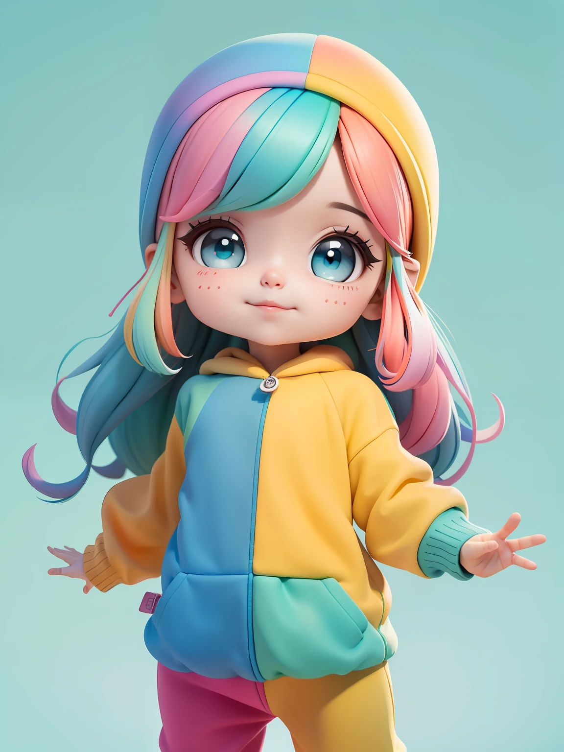 (obra-prima), (melhor qualidade), (ultra-detalhado), (corpo inteiro: 1.2) menina bonita e fofa, tema frutas, capuz, moletom colorido, Knitted jumpsuits, Pants, jaqueta, blusa, sorriso claro, corpo inteiro, :3, fundo tom pastel , colorido e simples.