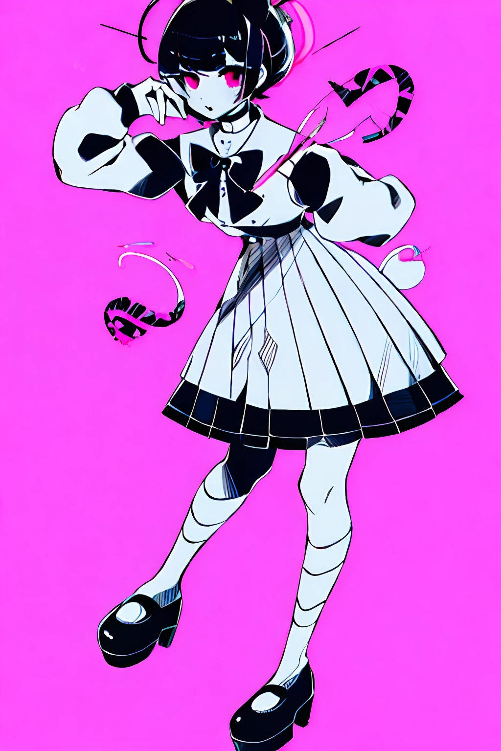 masterpiece, best quality, 1girl, solo, short_hair, looking_at_viewer, bangs, skirt, shirt, black_hair, long_sleeves, bow, ribbon, hair_bow, heart, thigh_highs, pills, shoes, choker, fluffy_bangs, sailor_uniform, pink_eyes, halo, pink_background, pleated_skirt, pink_bow, fishnets,pink_shirt, platform_footwear, pink_theme, pill, jirai_kei, monochrome, bold_colours, teddy, demons, ghosts, bandage, spooky, bold_lines, sticker_style