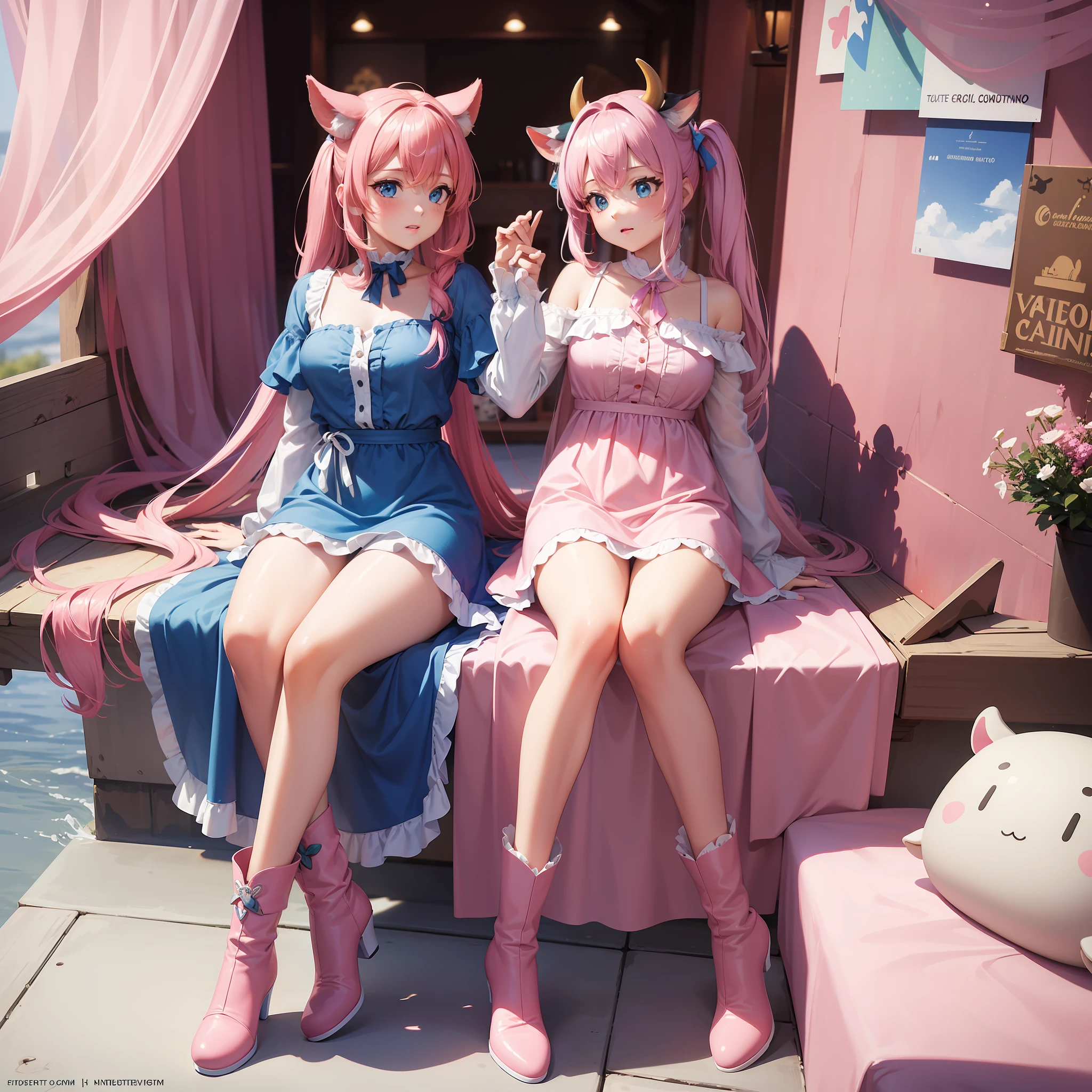 ((Obra maestra, La mejor calidad;1.3)), Ultra detallado, Fondo de pantalla de 8K Unity, CG, illustration, De color, cinematic shadows , (colorido: 1.5), 2D, 4K, HD , anime , kemonomimi cow , pelo turquesa , vestido Pink and blue , botas pink, corazones , cow,