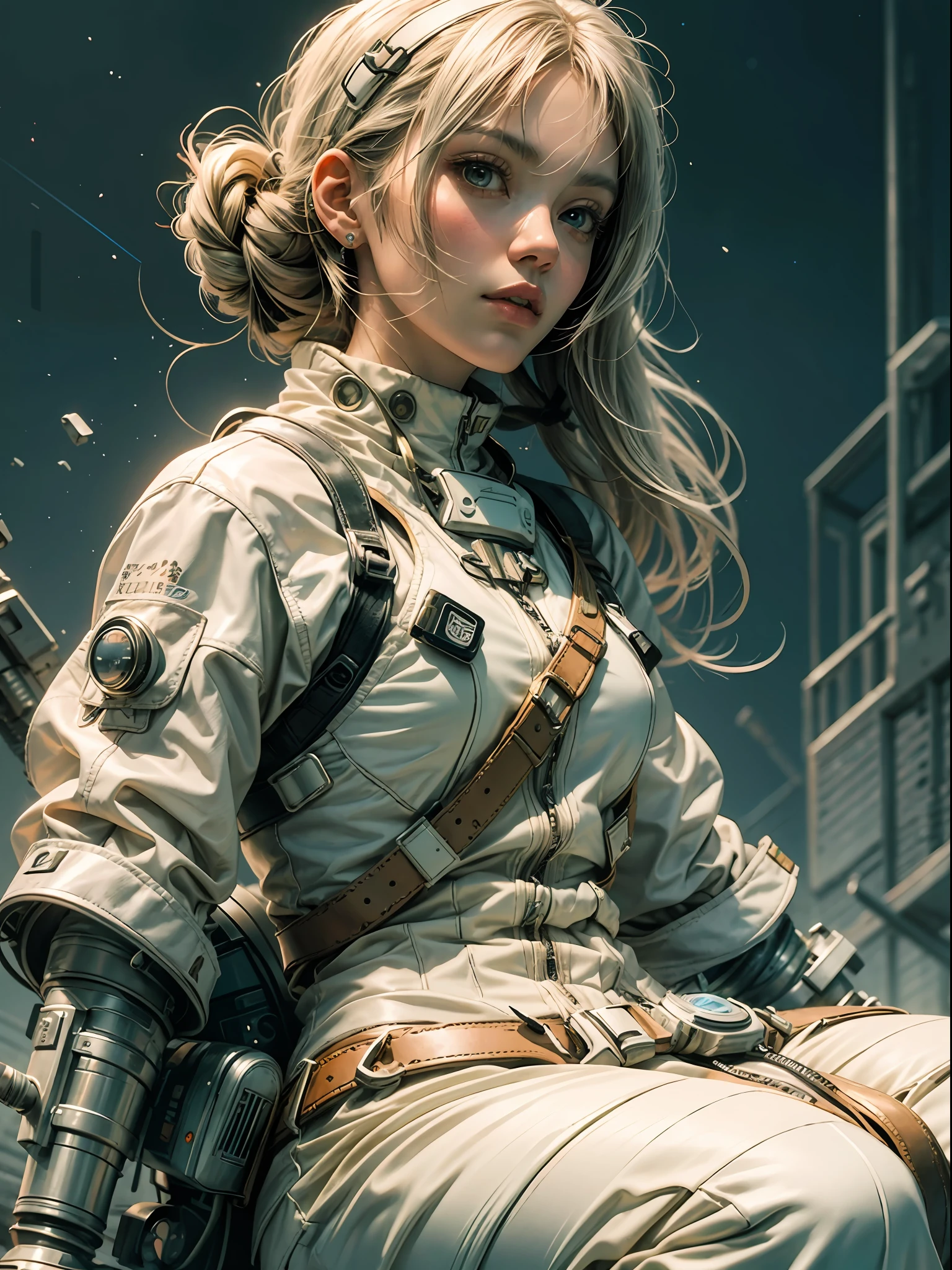 1monk warrior girl with white techwear clothes, white long hair, laces, abstract vintage scifi background, art by Moebius, art by Ashley Wood