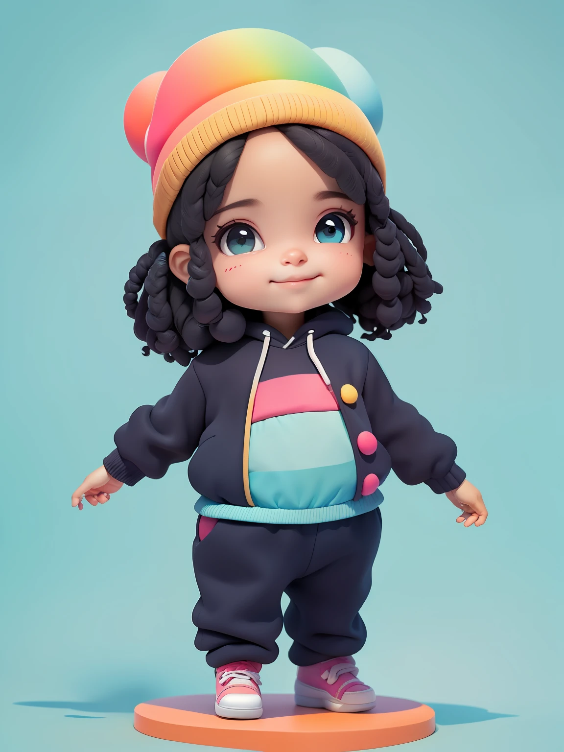 (obra-prima), (melhor qualidade), (ultra-detalhado), (corpo inteiro: 1.2) baby menina negra bonita e fofa, tema frutas, capuz, moletom colorido, Knitted jumpsuits, Pants, jaqueta, blusa, sorriso claro, corpo inteiro, :3, fundo tom pastel , colorido e simples.